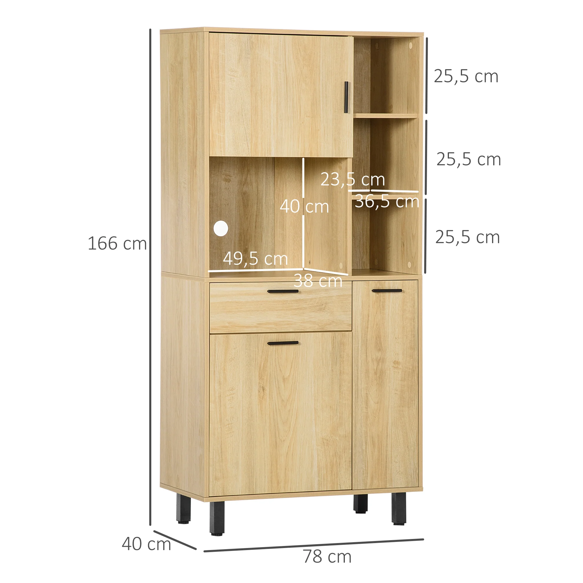Buffet de cuisine armoire de cuisine multi-rangements avec un tiroir, 3 placards, 4 niches et passe-cables hauteur 166 cm - Image 4
