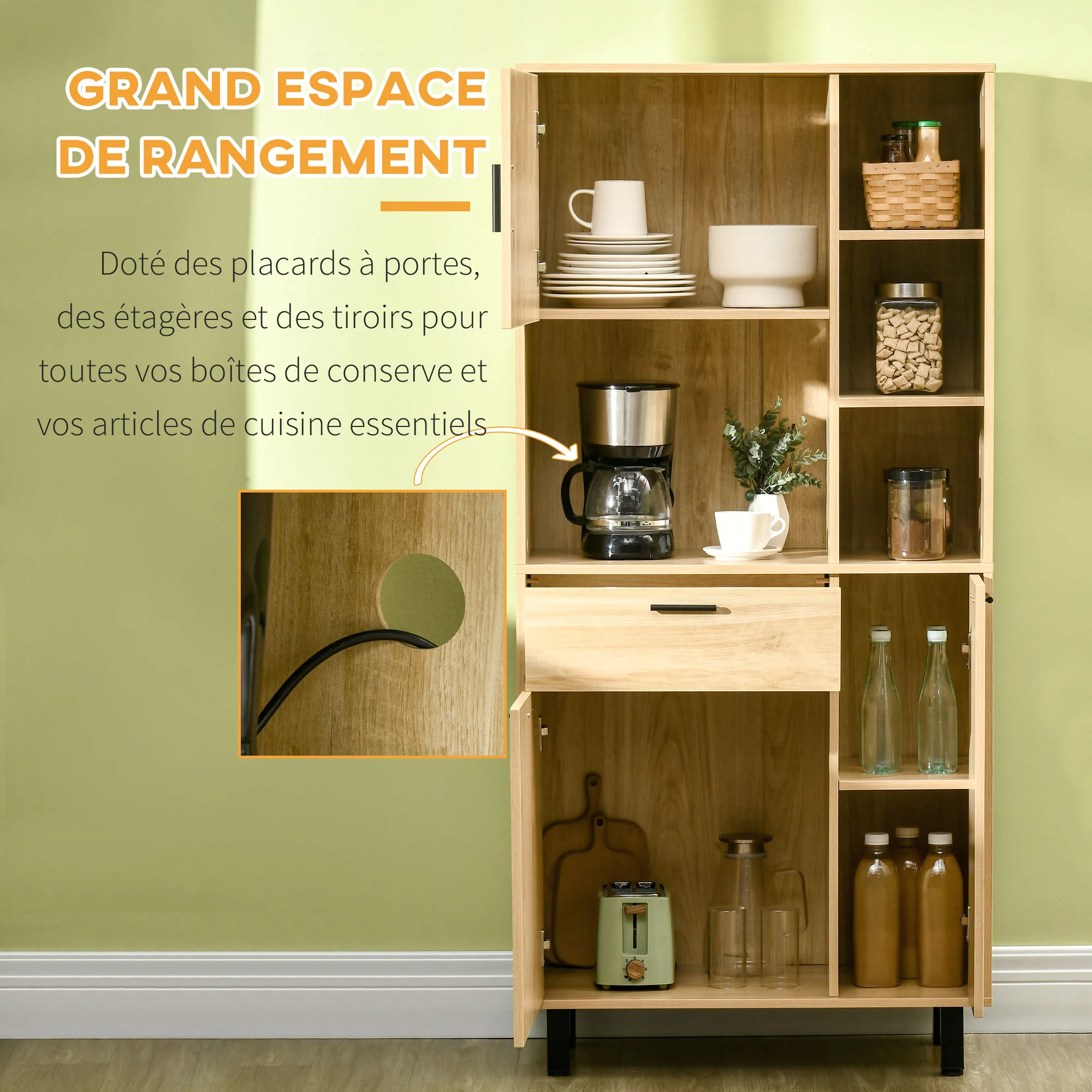 Buffet de cuisine armoire de cuisine multi-rangements avec un tiroir, 3 placards, 4 niches et passe-cables hauteur 166 cm - Image 5