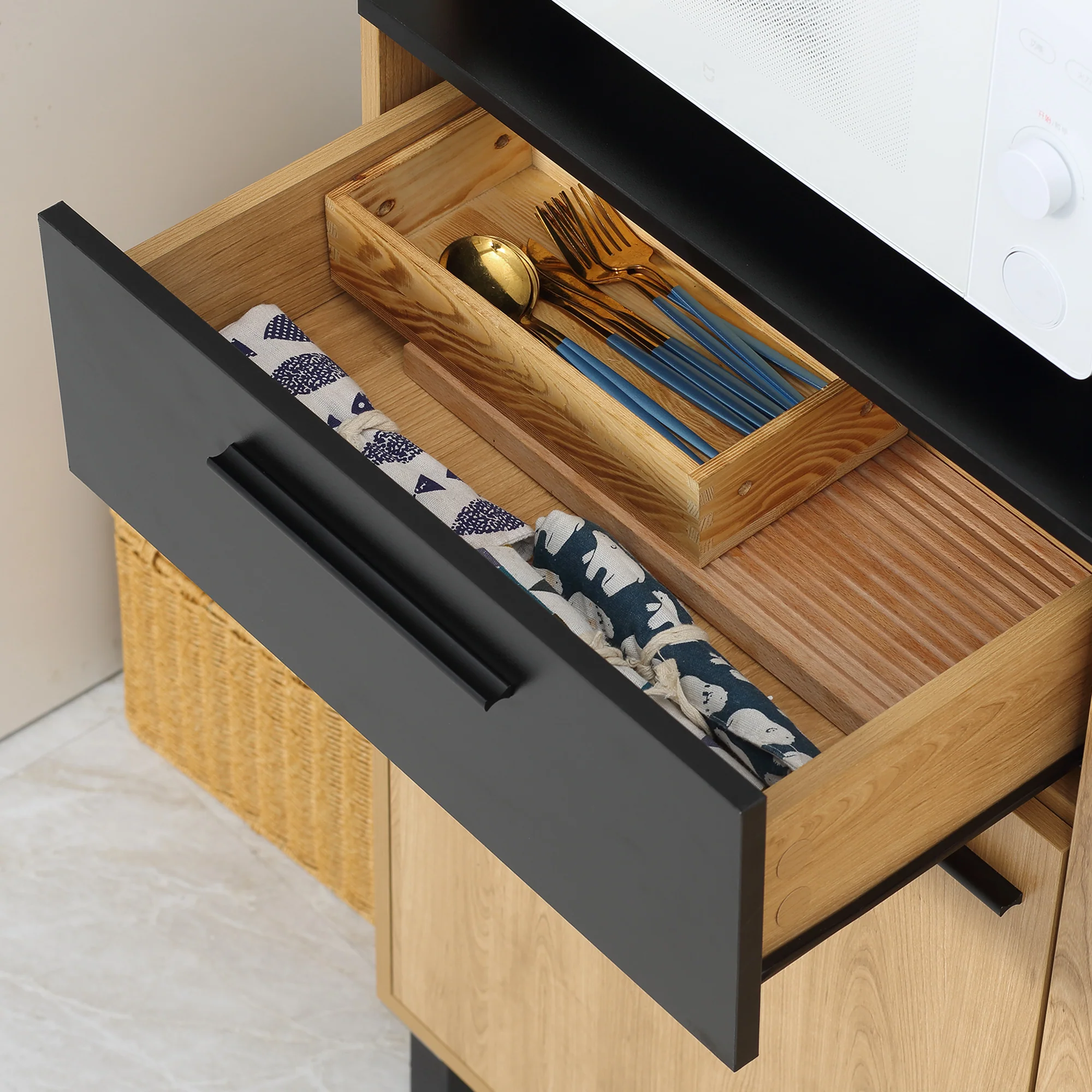 Buffet de cuisine armoire de cuisine multi-rangements avec un tiroir, 3 placards, 4 niches et passe-cables hauteur 180 cm - Image 10