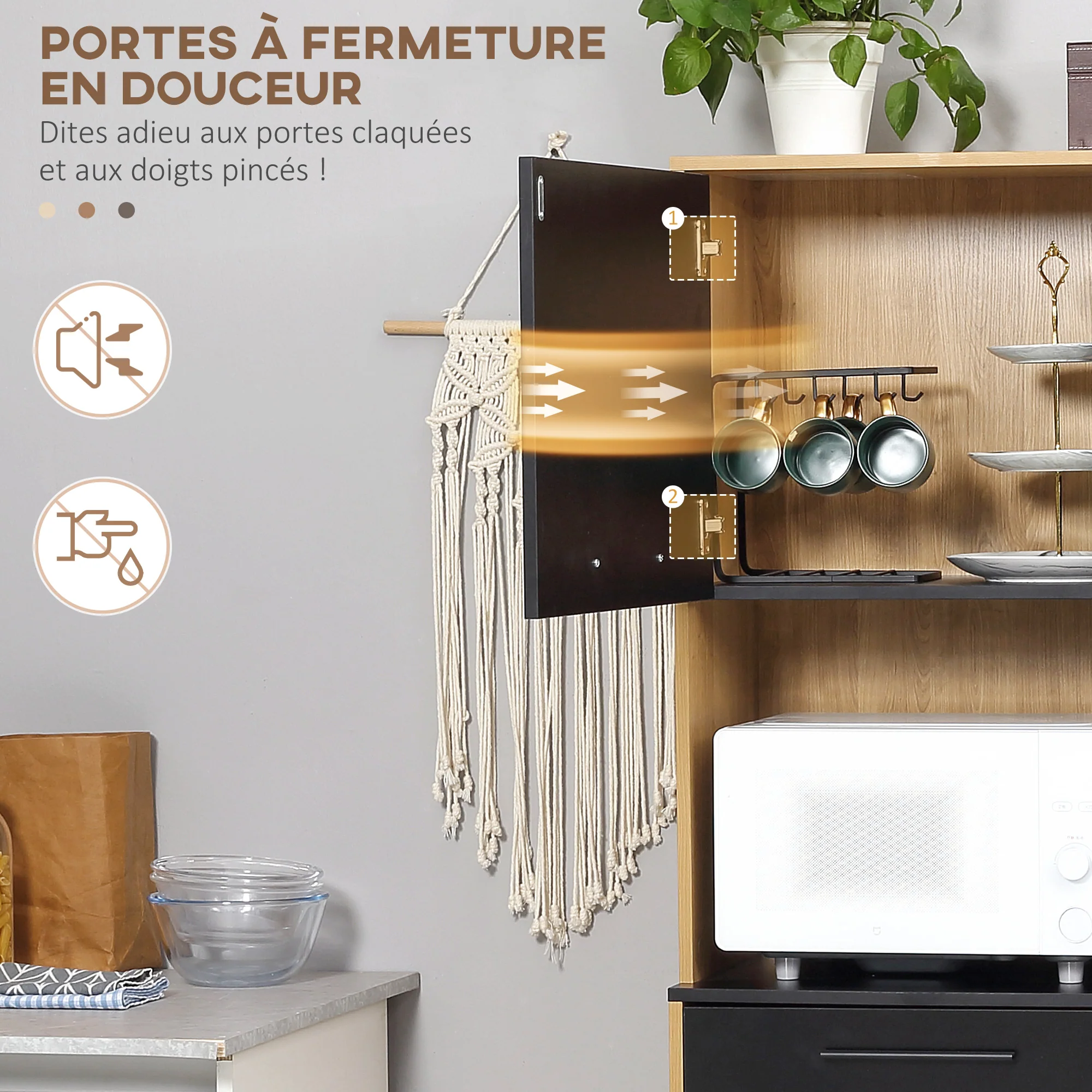 Buffet de cuisine armoire de cuisine multi-rangements avec un tiroir, 3 placards, 4 niches et passe-cables hauteur 180 cm - Image 6