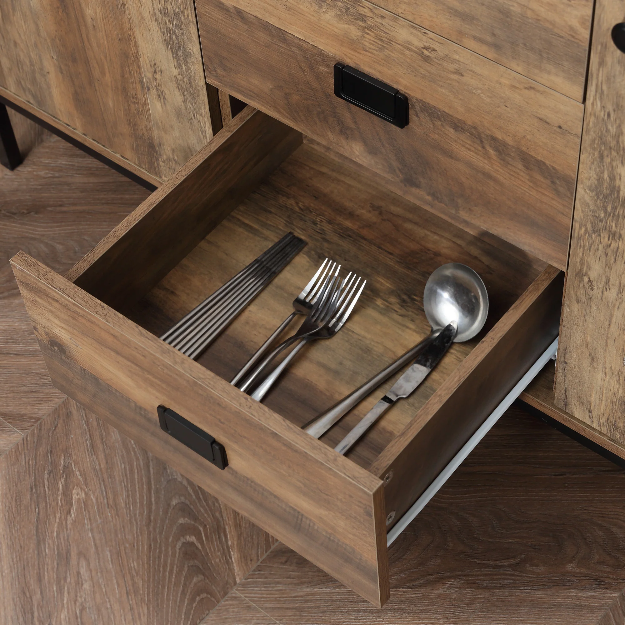 Buffet de Cuisine Meuble de Rangement 2 placards étagère réglable 3 tiroirs Style Contemporain - 120 x 39,5 x 77 cm marron - Image 10