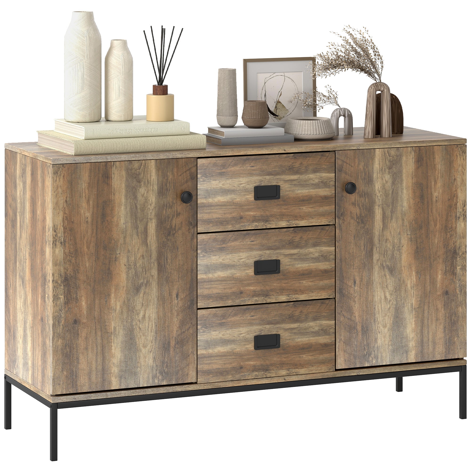 Buffet de Cuisine Meuble de Rangement 2 placards étagère réglable 3 tiroirs Style Contemporain - 120 x 39,5 x 77 cm marron - Image 11