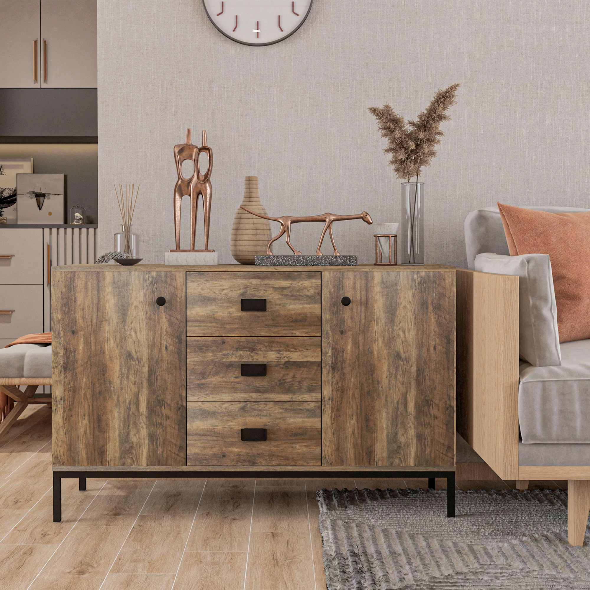 Buffet de Cuisine Meuble de Rangement 2 placards étagère réglable 3 tiroirs Style Contemporain - 120 x 39,5 x 77 cm marron - Image 3