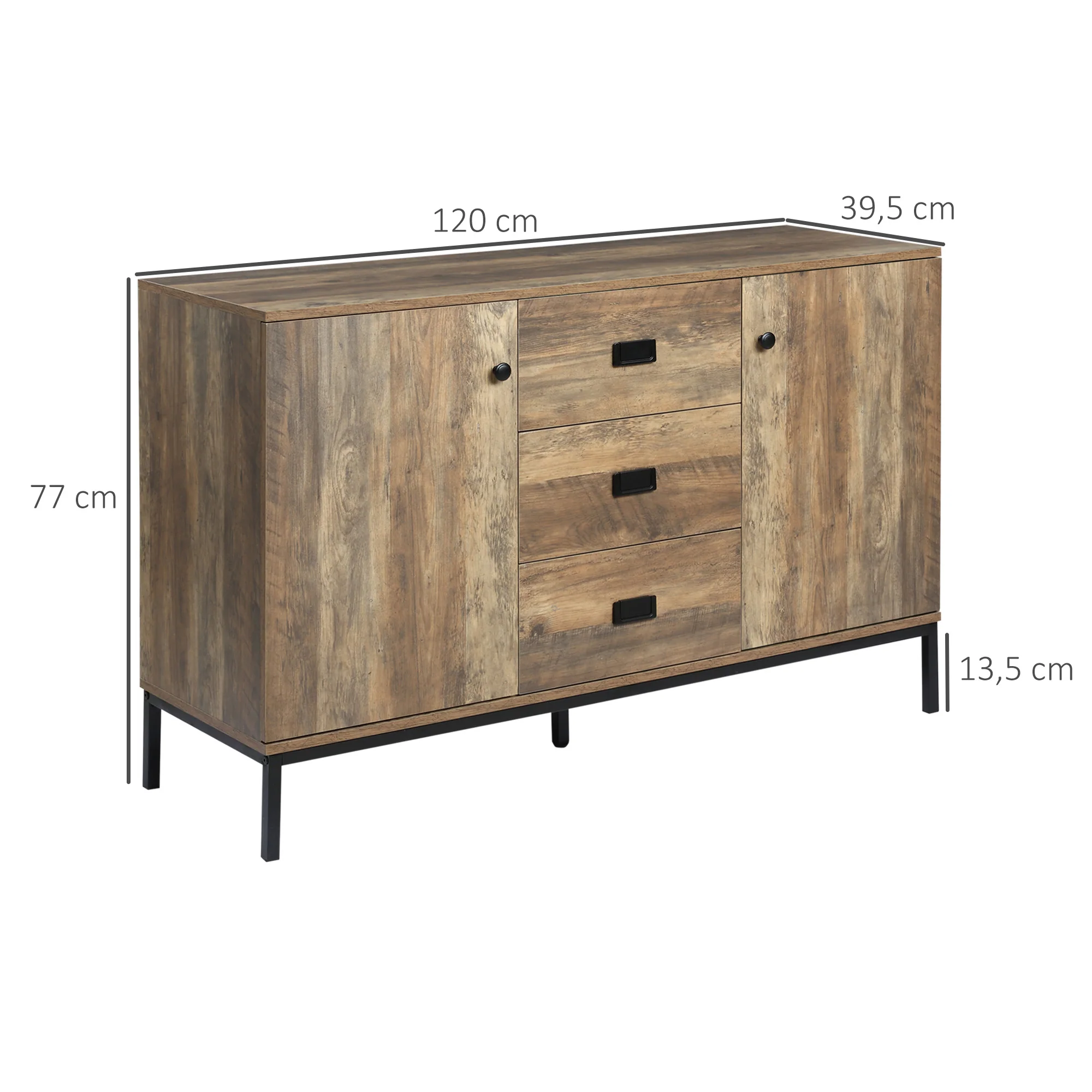 Buffet de Cuisine Meuble de Rangement 2 placards étagère réglable 3 tiroirs Style Contemporain - 120 x 39,5 x 77 cm marron - Image 4