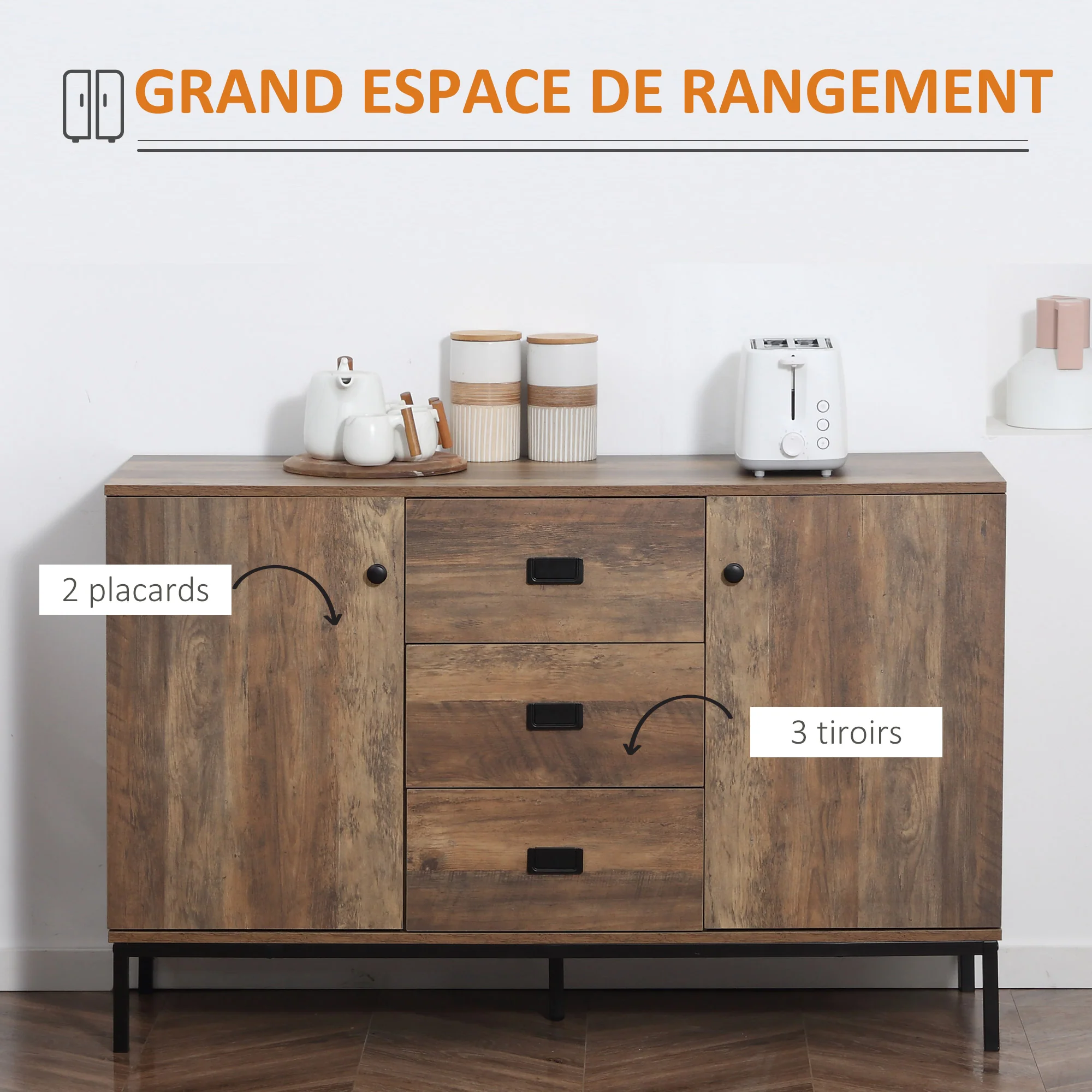 Buffet de Cuisine Meuble de Rangement 2 placards étagère réglable 3 tiroirs Style Contemporain - 120 x 39,5 x 77 cm marron - Image 5