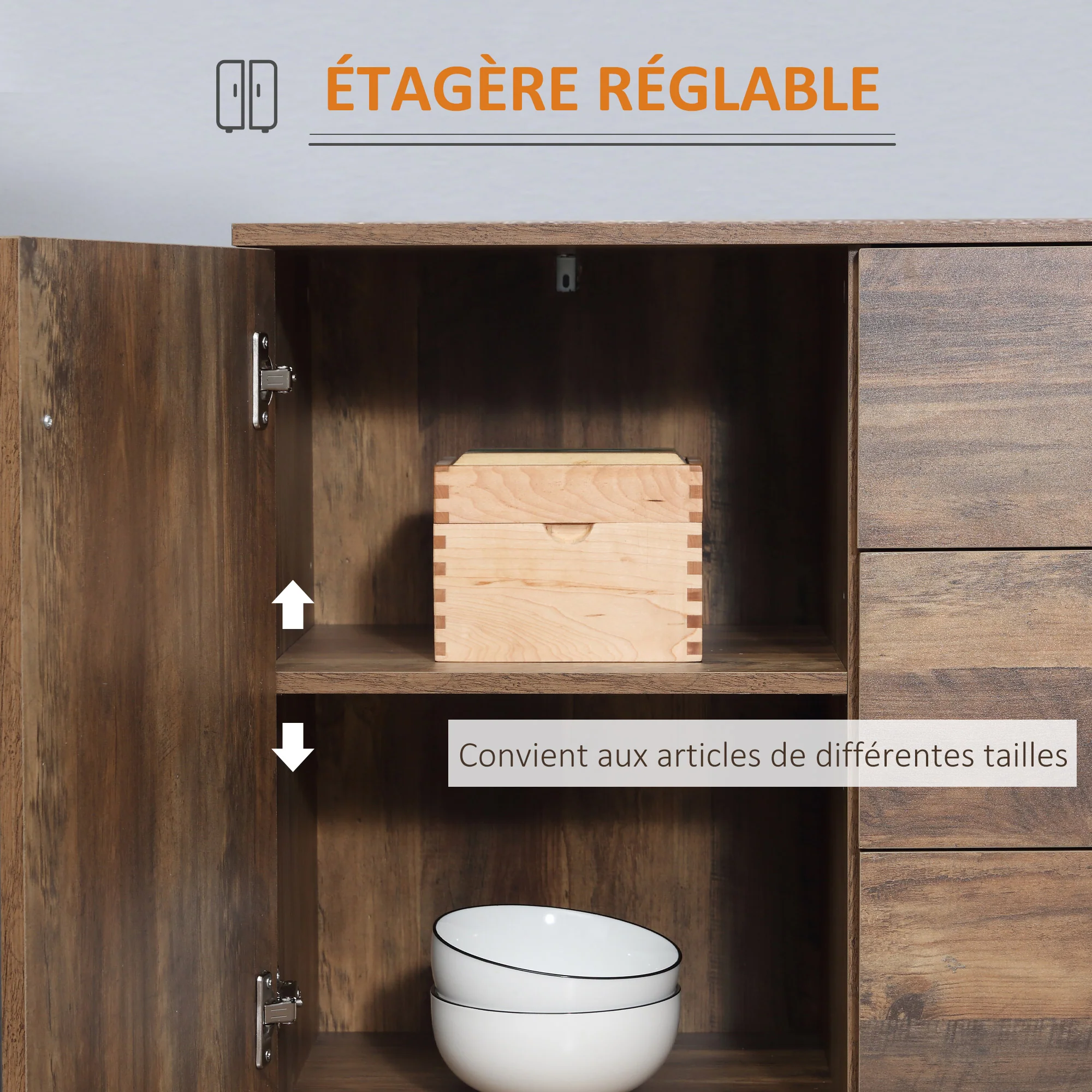 Buffet de Cuisine Meuble de Rangement 2 placards étagère réglable 3 tiroirs Style Contemporain - 120 x 39,5 x 77 cm marron - Image 7