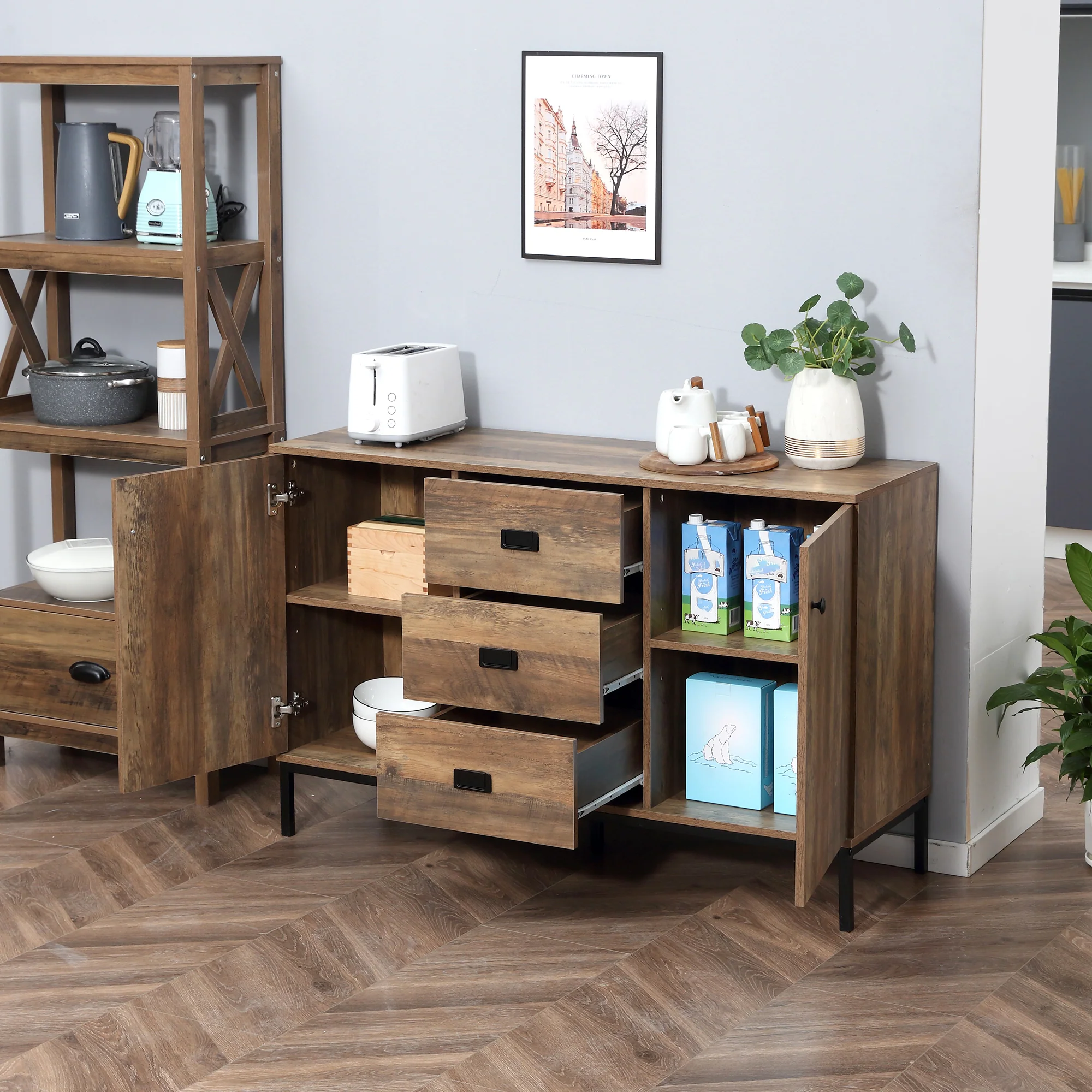 Buffet de Cuisine Meuble de Rangement 2 placards étagère réglable 3 tiroirs Style Contemporain - 120 x 39,5 x 77 cm marron - Image 9