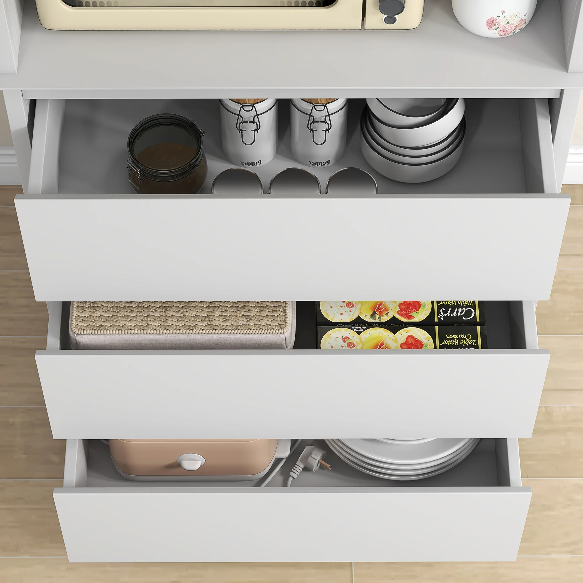 Buffet de cuisine meuble de rangement placard 2 portes 3 tiroirs et niche centrale dim. 68L x 38l x 172H cm en bois blanc - Image 10