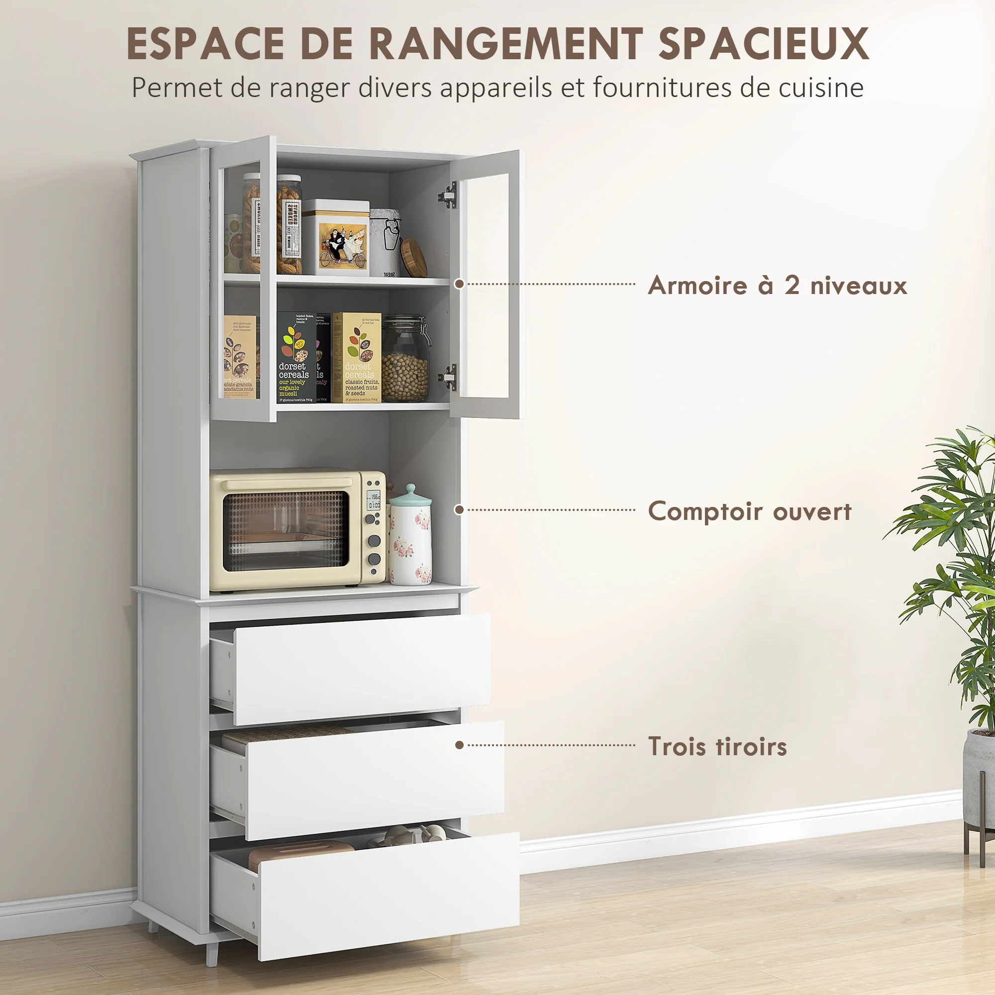 Buffet de cuisine meuble de rangement placard 2 portes 3 tiroirs et niche centrale dim. 68L x 38l x 172H cm en bois blanc - Image 5