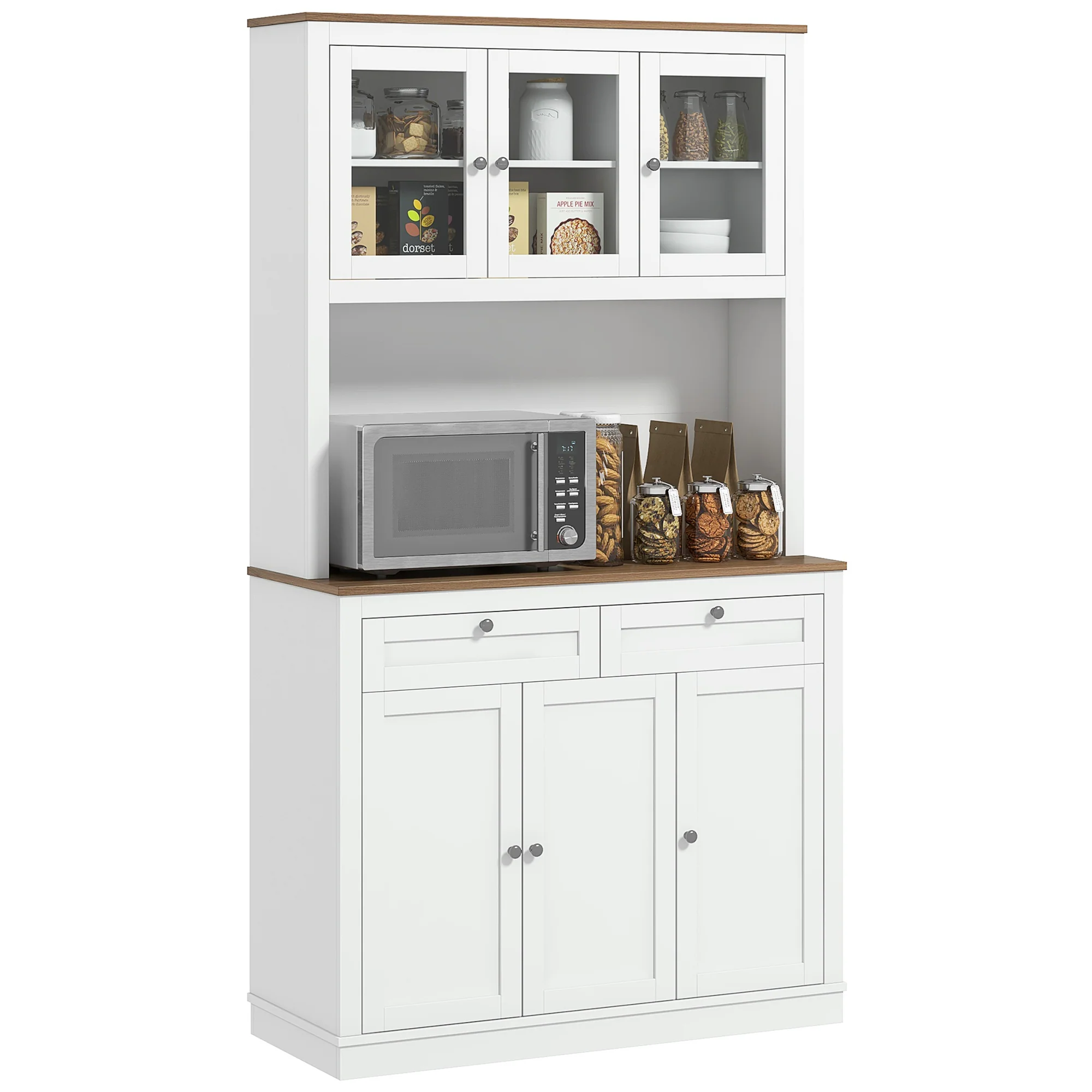 Buffet haut cuisine, armoire de cuisine, vaisselier, 6 portes dont 3 en verre, 2 tiroirs, plan de travail, étagères réglables, meuble de rangement pour salon salle à manger, 100x40x180cm, blanc - Image 11