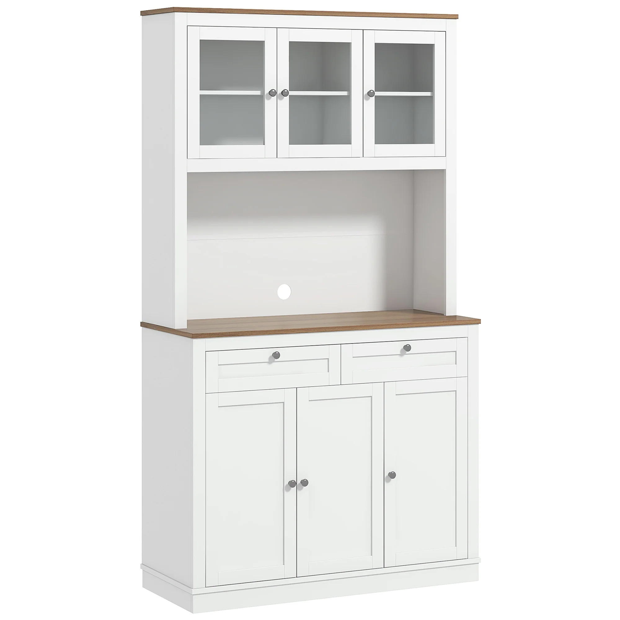 Buffet haut cuisine, armoire de cuisine, vaisselier, 6 portes dont 3 en verre, 2 tiroirs, plan de travail, étagères réglables, meuble de rangement pour salon salle à manger, 100x40x180cm, blanc - Image 2