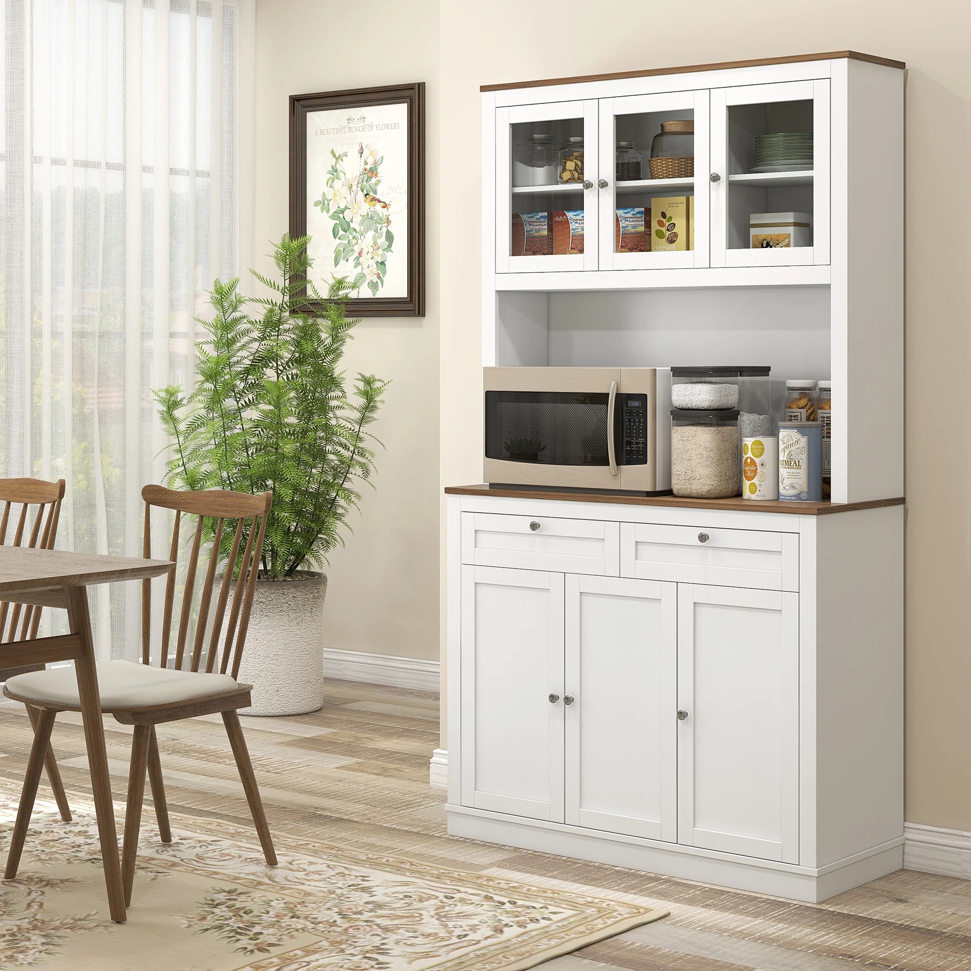 Buffet haut cuisine, armoire de cuisine, vaisselier, 6 portes dont 3 en verre, 2 tiroirs, plan de travail, étagères réglables, meuble de rangement pour salon salle à manger, 100x40x180cm, blanc - Image 3