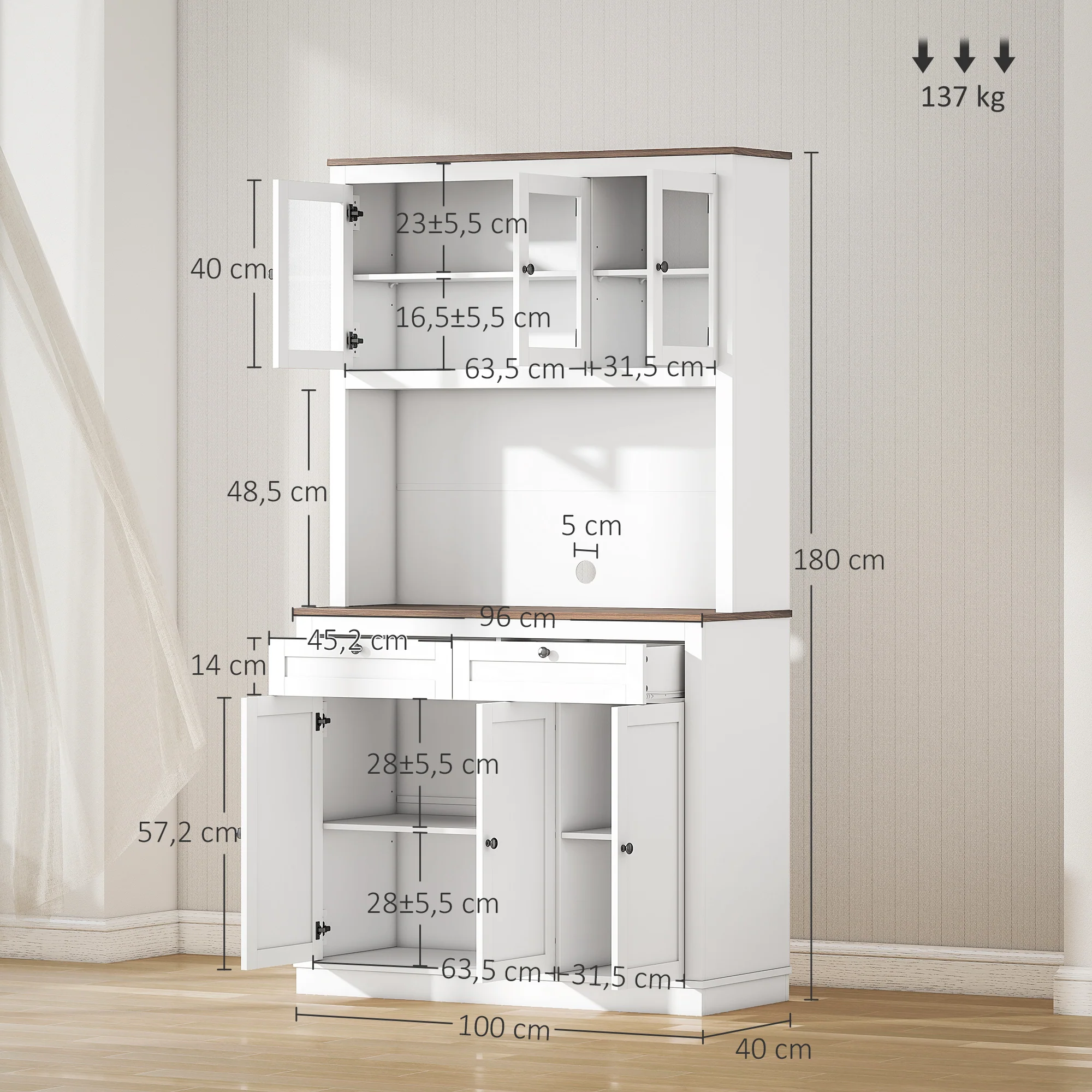 Buffet haut cuisine, armoire de cuisine, vaisselier, 6 portes dont 3 en verre, 2 tiroirs, plan de travail, étagères réglables, meuble de rangement pour salon salle à manger, 100x40x180cm, blanc - Image 4