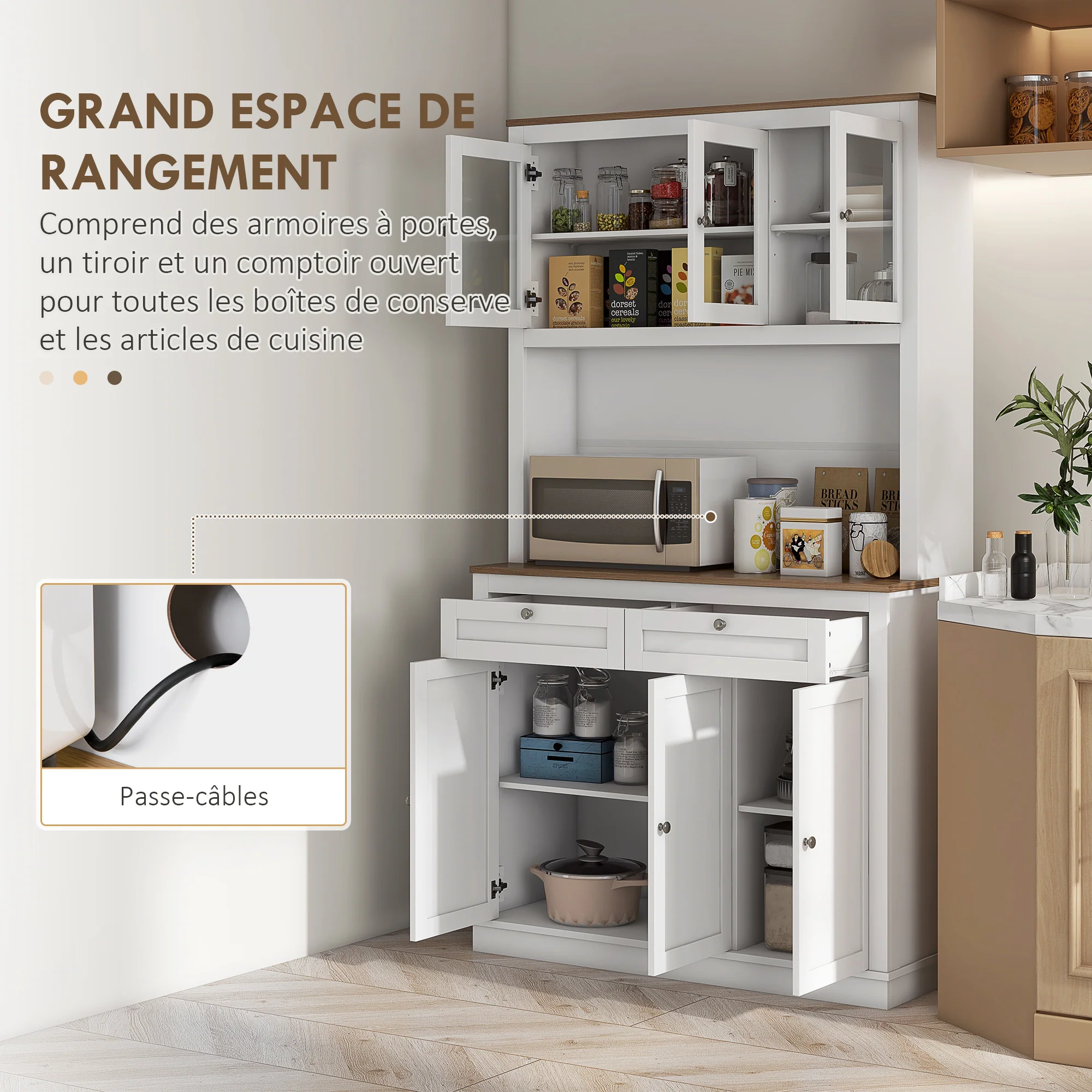 Buffet haut cuisine, armoire de cuisine, vaisselier, 6 portes dont 3 en verre, 2 tiroirs, plan de travail, étagères réglables, meuble de rangement pour salon salle à manger, 100x40x180cm, blanc - Image 5