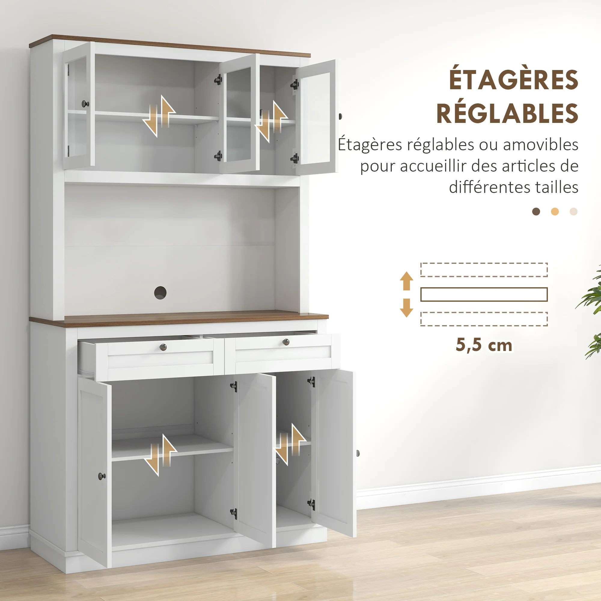 Buffet haut cuisine, armoire de cuisine, vaisselier, 6 portes dont 3 en verre, 2 tiroirs, plan de travail, étagères réglables, meuble de rangement pour salon salle à manger, 100x40x180cm, blanc - Image 6