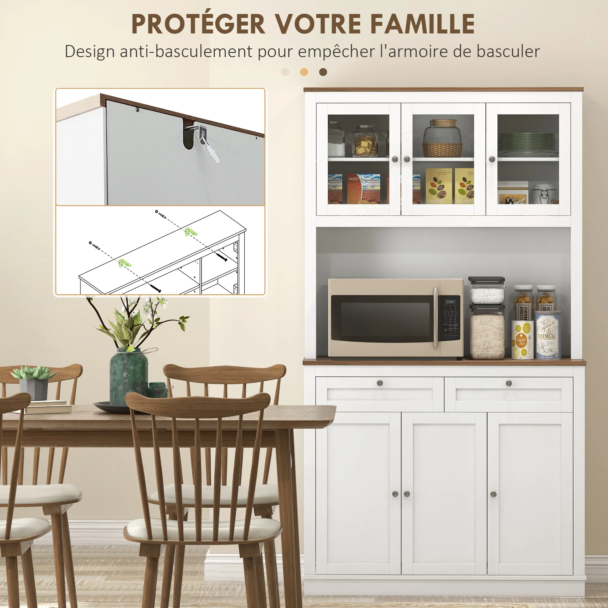 Buffet haut cuisine, armoire de cuisine, vaisselier, 6 portes dont 3 en verre, 2 tiroirs, plan de travail, étagères réglables, meuble de rangement pour salon salle à manger, 100x40x180cm, blanc - Image 7