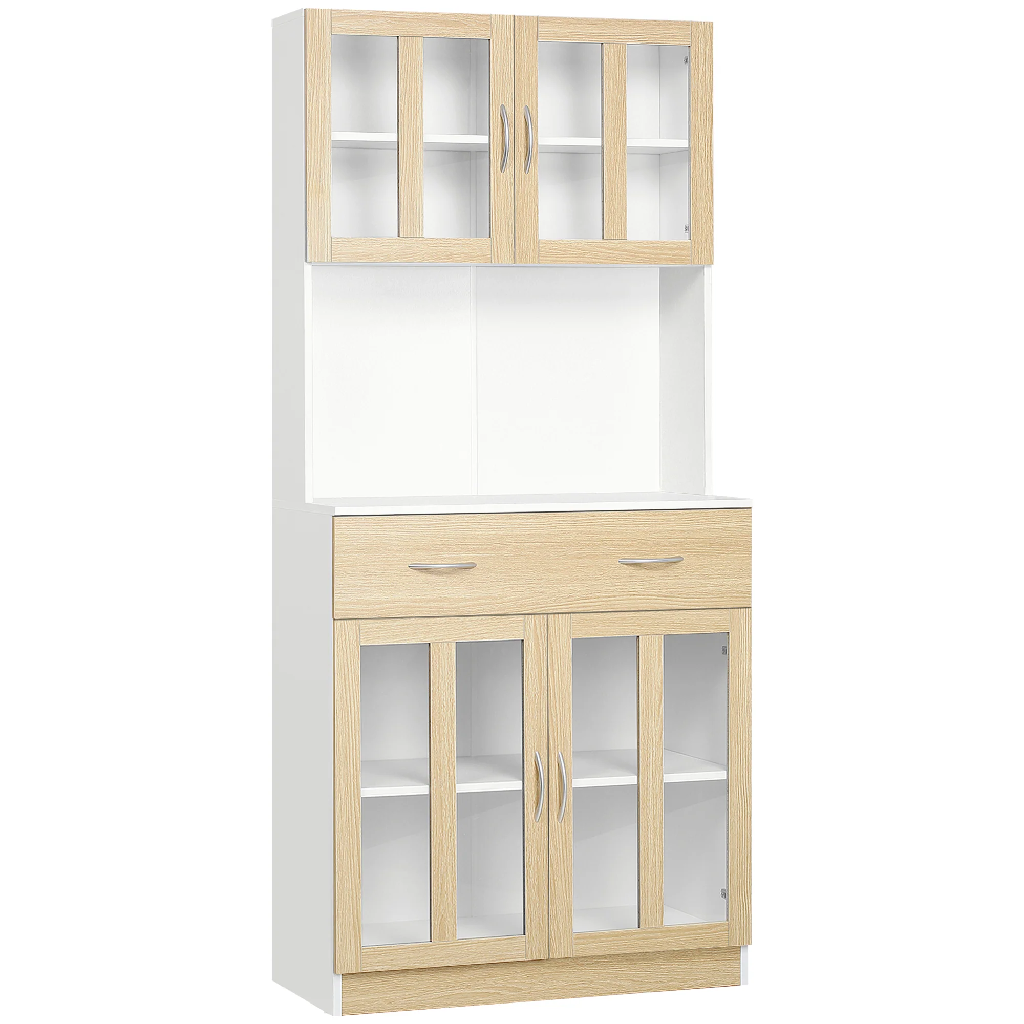 Buffet haut de Cuisine Armoire de Cuisine Multi-Rangement 4 Portes vitrine Verre avec étagère tiroir Coulissant Grand Plateau en Bois Blanc Aspect chêne Clair - Image 2