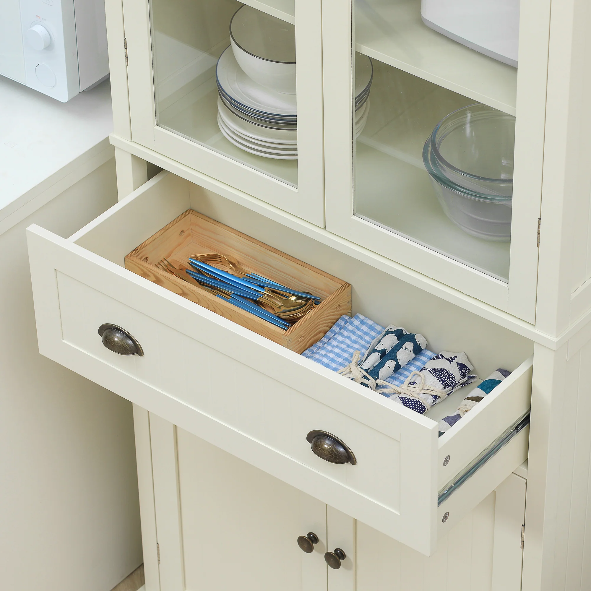 Buffet meuble cuisine rangement armoire de cuisine 4 portes dont 2 portes vitrées et 1 tiroir hauteur 182,5 cm avec étagères réglables - beige - Image 10