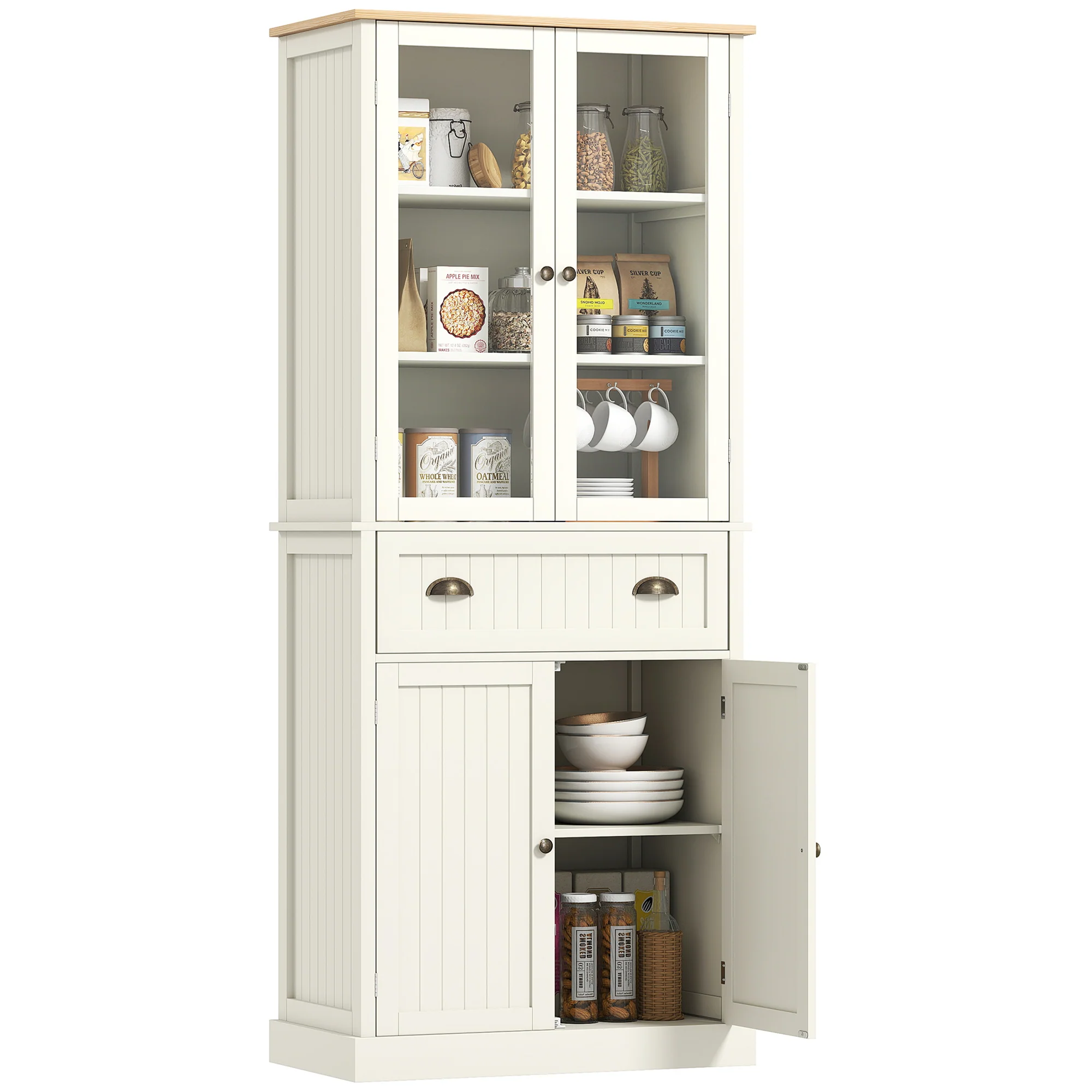 Buffet meuble cuisine rangement armoire de cuisine 4 portes dont 2 portes vitrées et 1 tiroir hauteur 182,5 cm avec étagères réglables - beige - Image 11