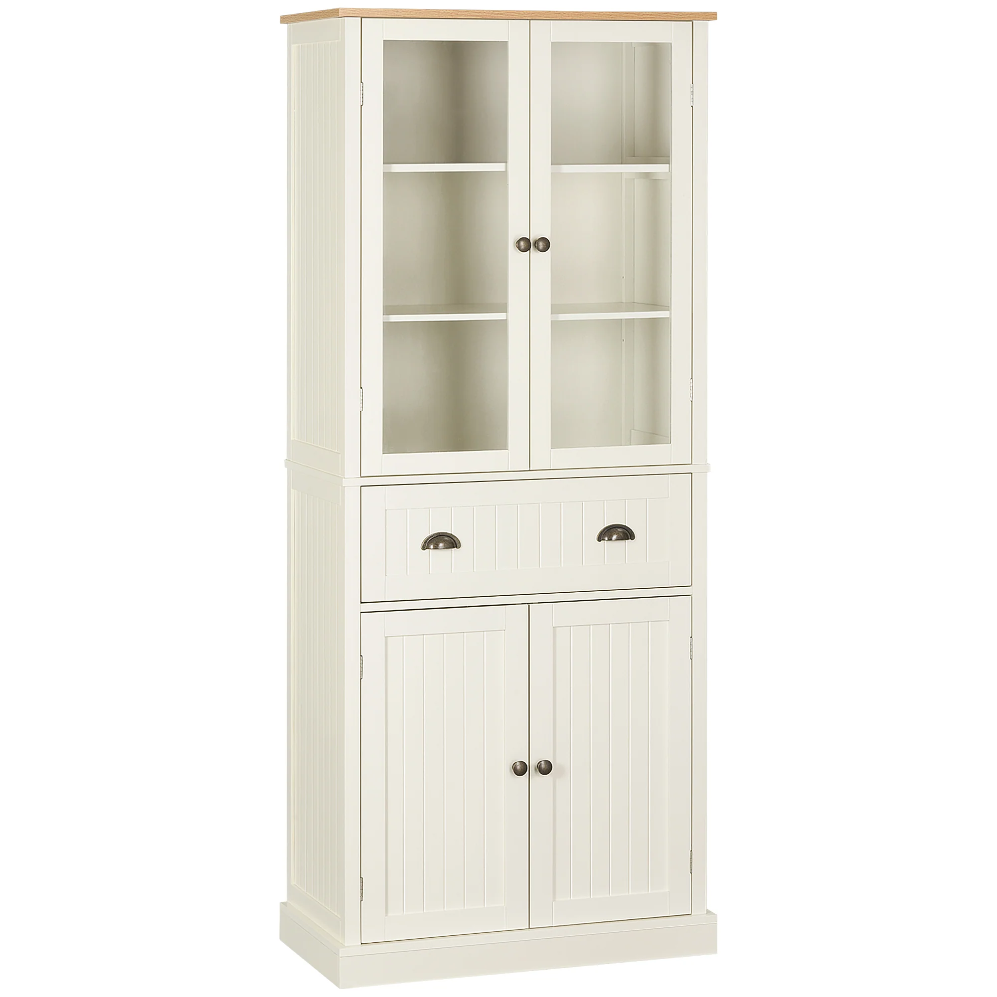 Buffet meuble cuisine rangement armoire de cuisine 4 portes dont 2 portes vitrées et 1 tiroir hauteur 182,5 cm avec étagères réglables - beige - Image 2