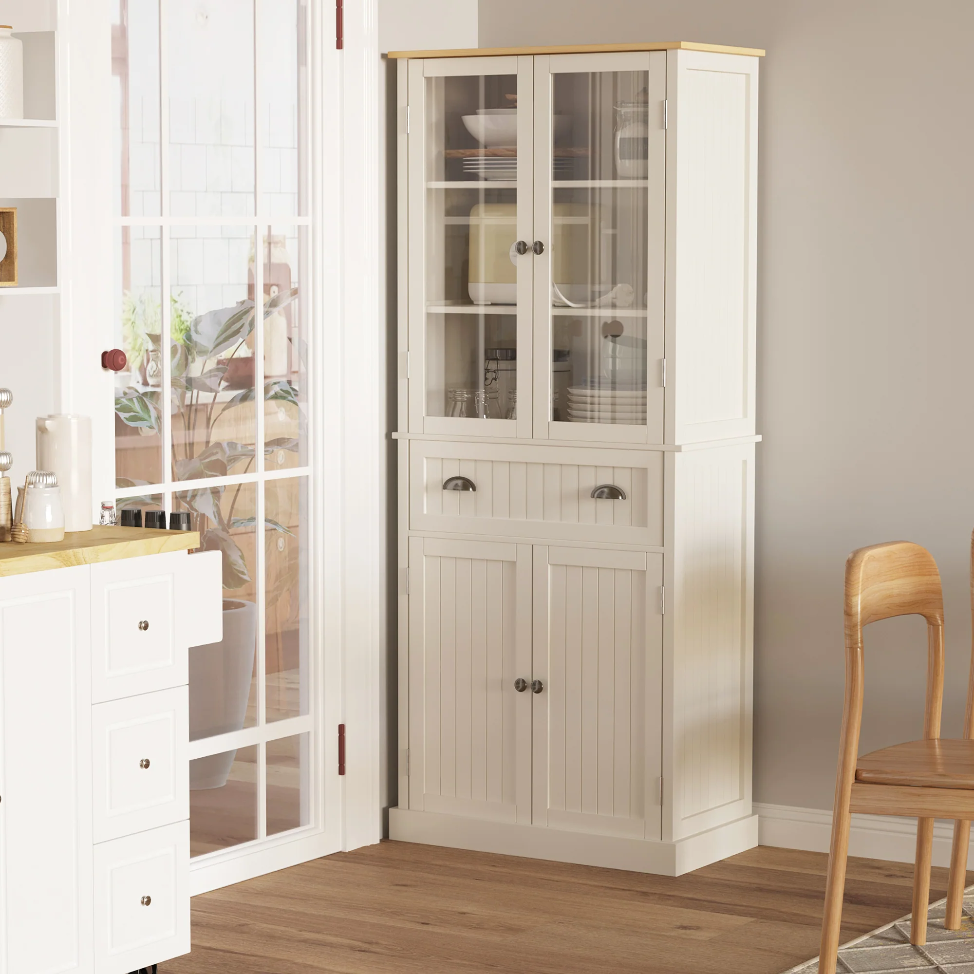 Buffet meuble cuisine rangement armoire de cuisine 4 portes dont 2 portes vitrées et 1 tiroir hauteur 182,5 cm avec étagères réglables - beige - Image 3