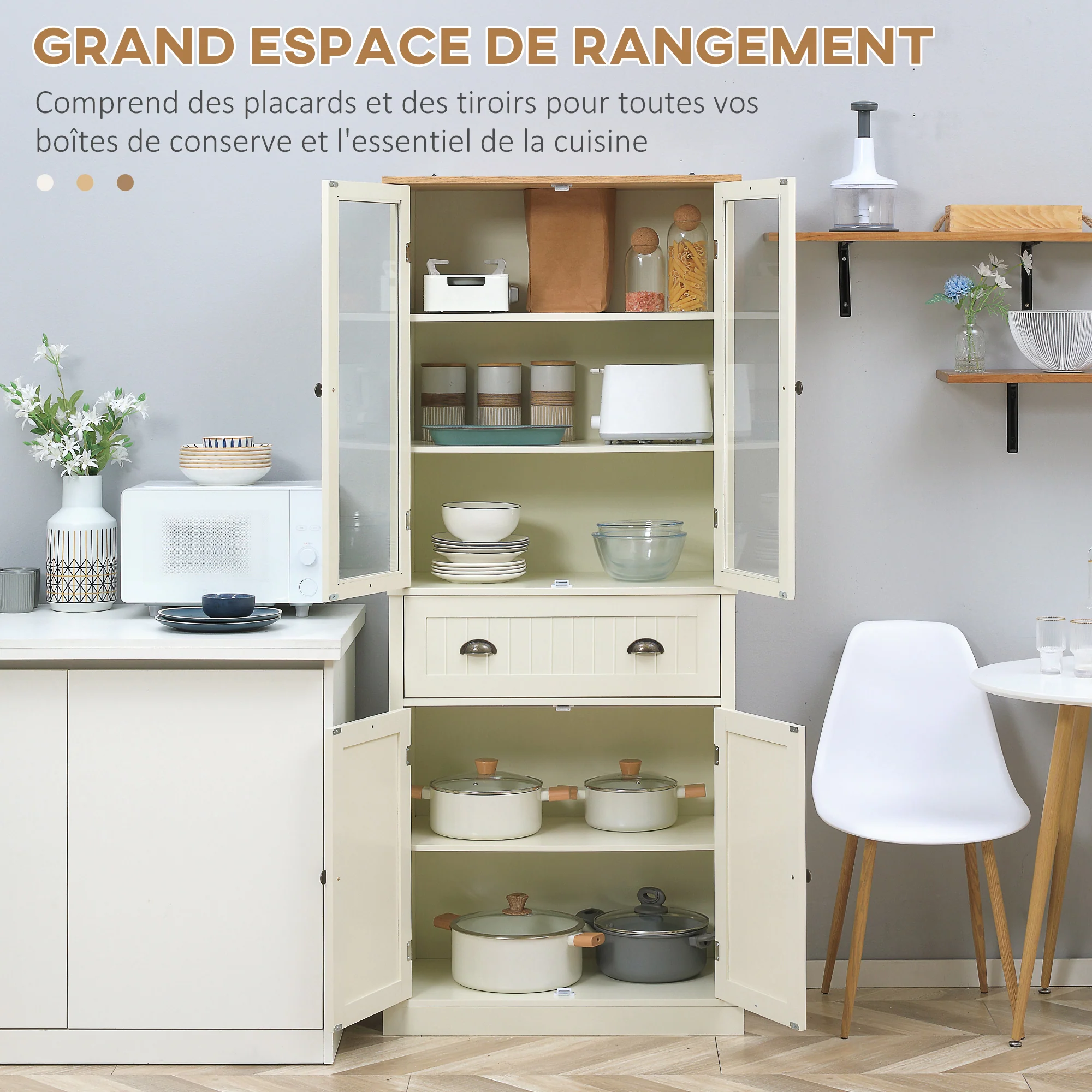 Buffet meuble cuisine rangement armoire de cuisine 4 portes dont 2 portes vitrées et 1 tiroir hauteur 182,5 cm avec étagères réglables - beige - Image 5