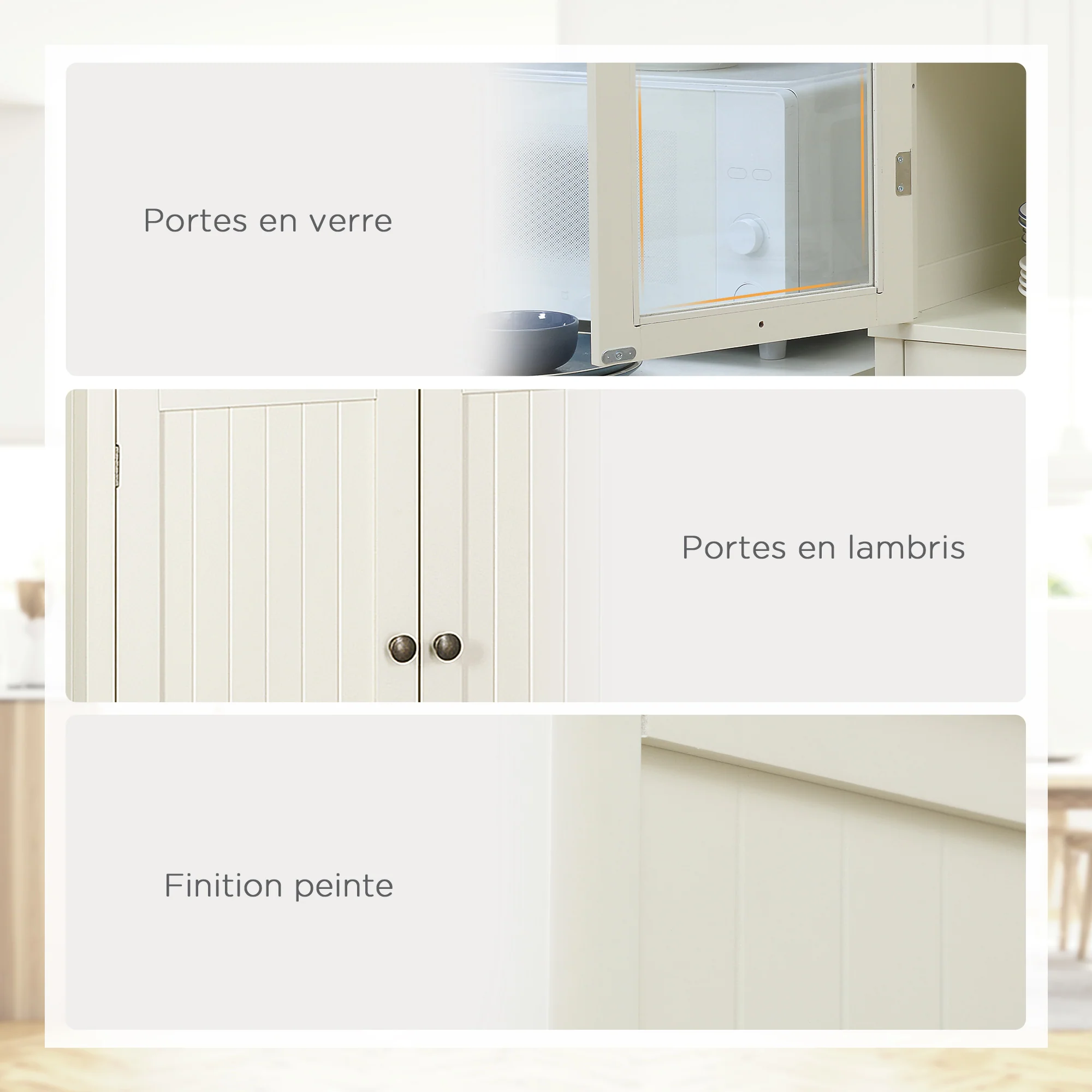 Buffet meuble cuisine rangement armoire de cuisine 4 portes dont 2 portes vitrées et 1 tiroir hauteur 182,5 cm avec étagères réglables - beige - Image 6