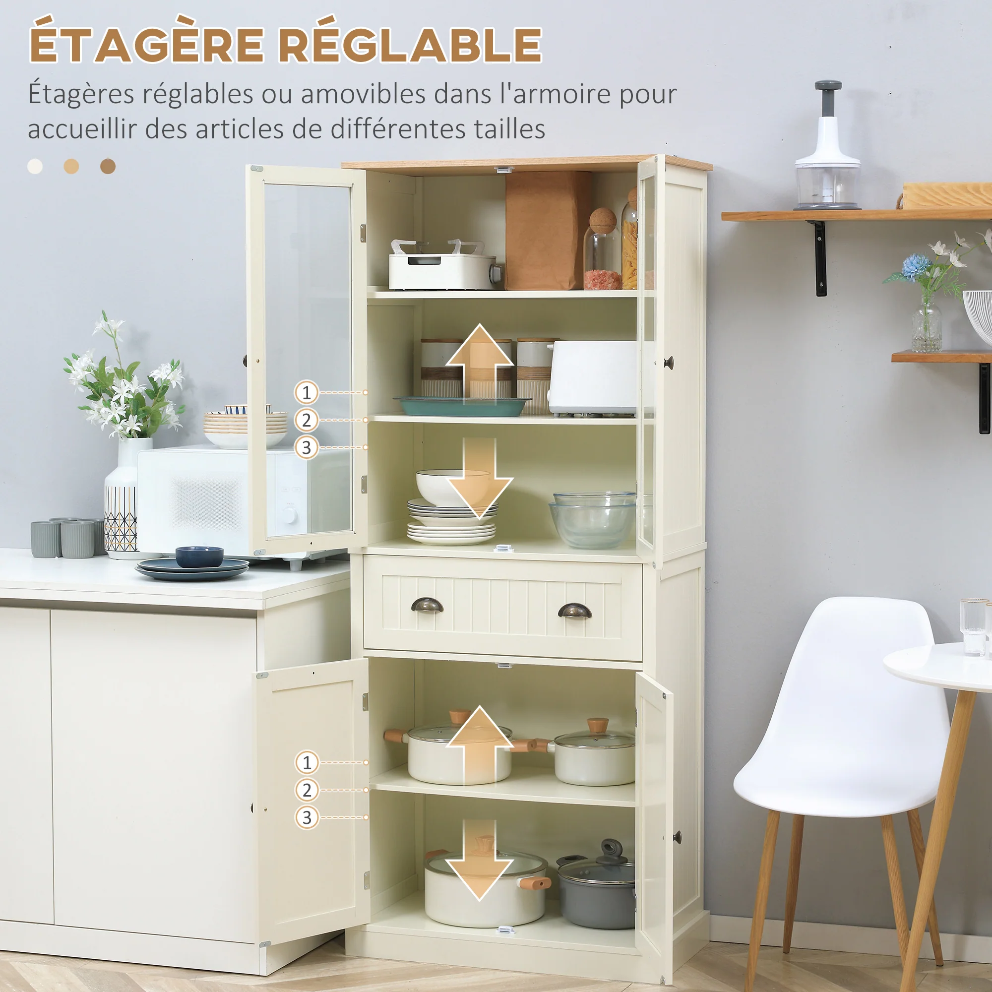 Buffet meuble cuisine rangement armoire de cuisine 4 portes dont 2 portes vitrées et 1 tiroir hauteur 182,5 cm avec étagères réglables - beige - Image 7