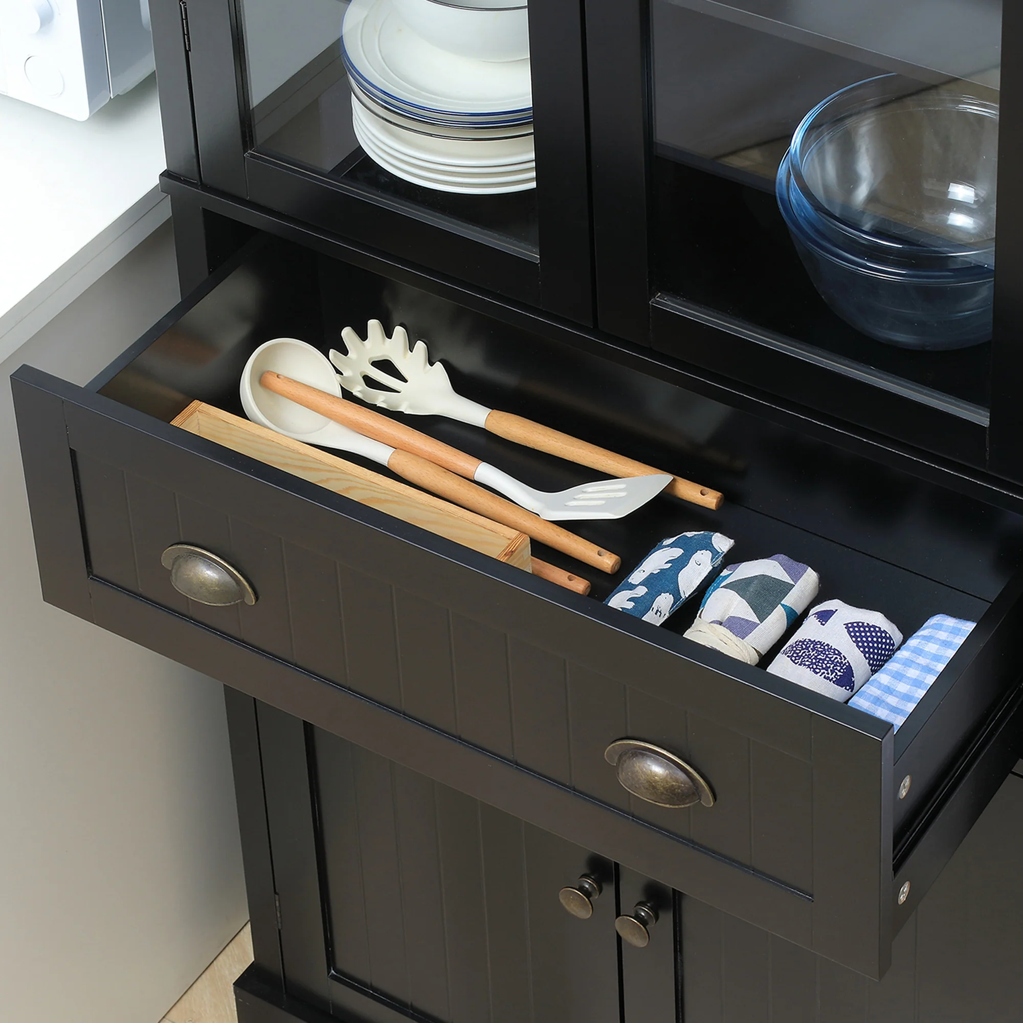 Buffet meuble cuisine rangement armoire de cuisine 4 portes dont 2 portes vitrées et 1 tiroir hauteur 182,5 cm avec étagères réglables - noir - Image 4