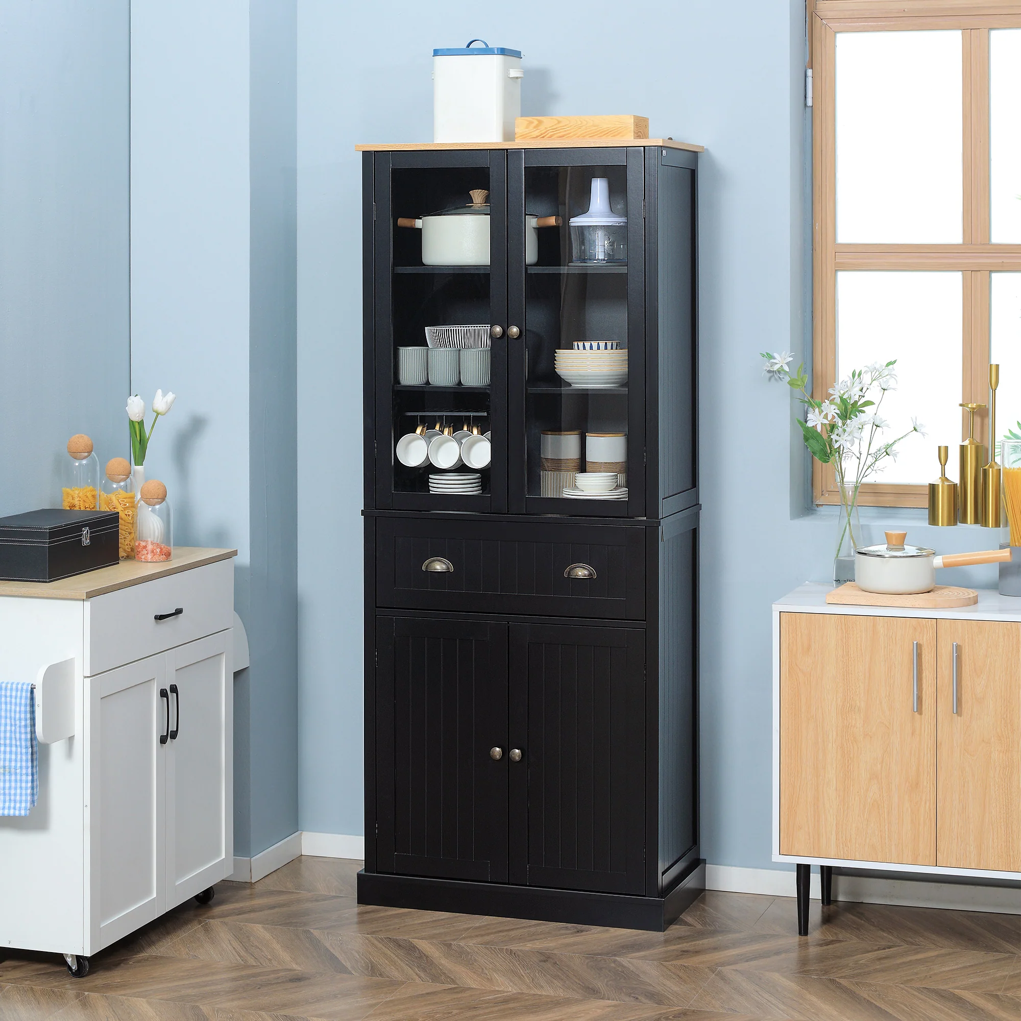 Buffet meuble cuisine rangement armoire de cuisine 4 portes dont 2 portes vitrées et 1 tiroir hauteur 182,5 cm avec étagères réglables - noir - Image 6
