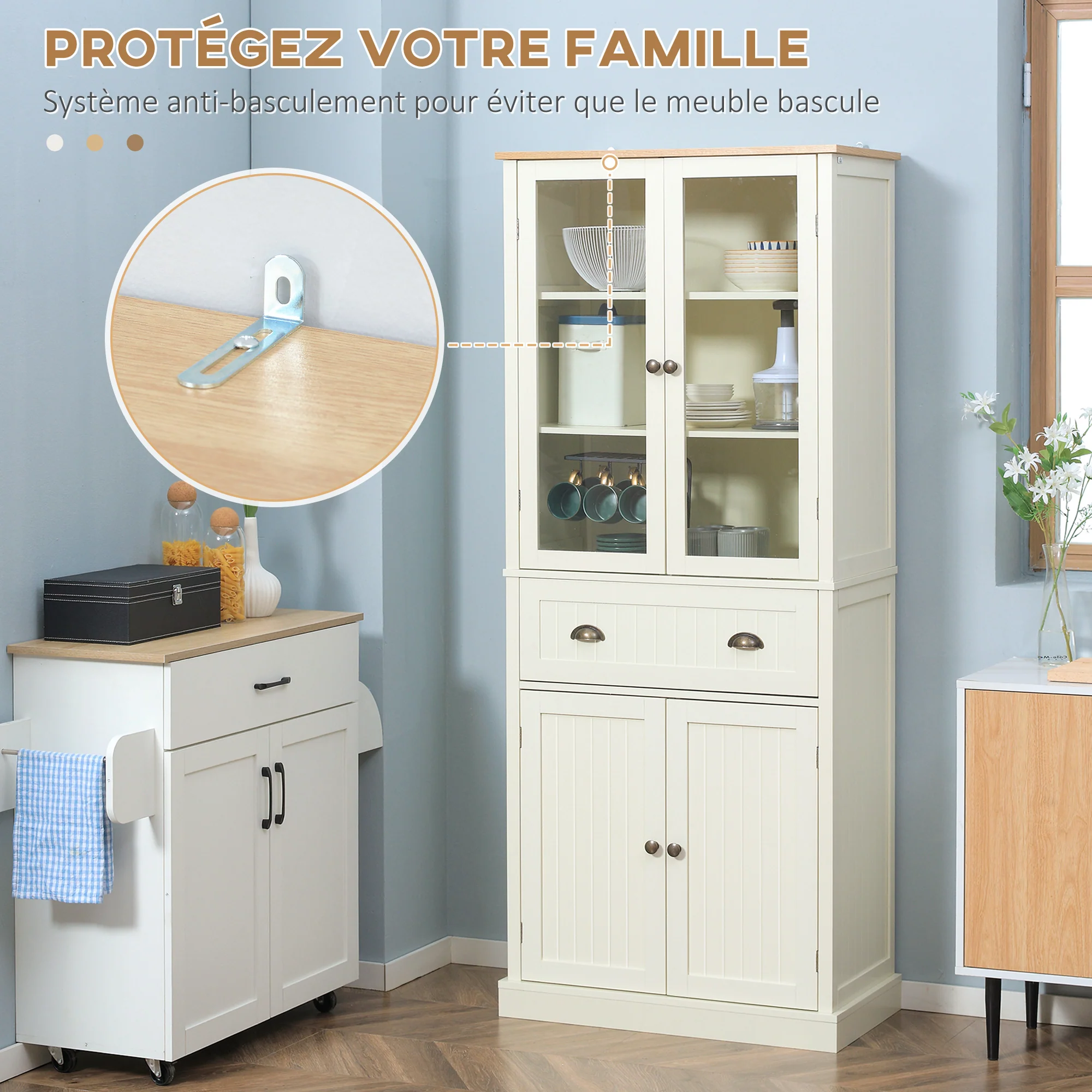 Buffet meuble cuisine rangement armoire de cuisine 4 portes dont 2 portes vitrées et 1 tiroir hauteur 182,5 cm avec étagères réglables - beige - Image 8