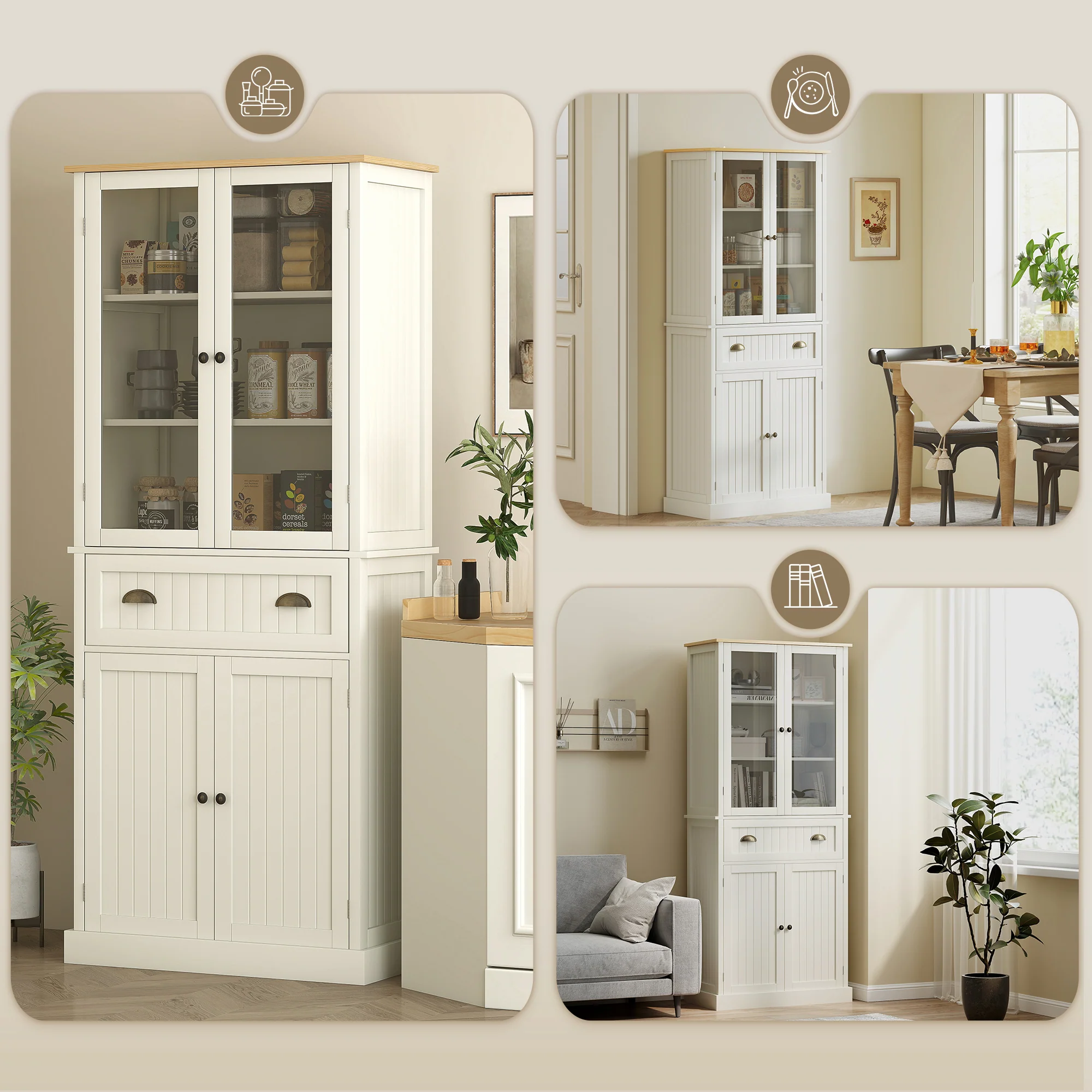 Buffet meuble cuisine rangement armoire de cuisine 4 portes dont 2 portes vitrées et 1 tiroir hauteur 182,5 cm avec étagères réglables - beige - Image 9