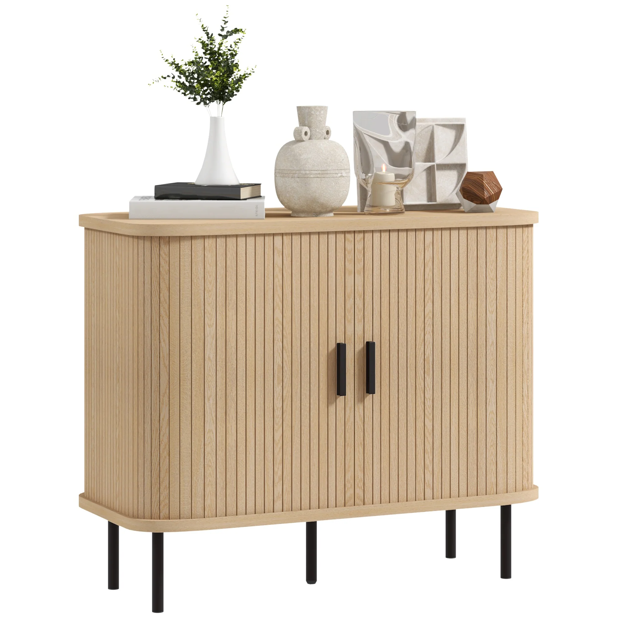 Buffet meuble de rangement avec portes coulissantes à lattes, armoire de cuisine avec pieds en acier, dim. 90L x 40l x 75H cm ton chêne - Image 11
