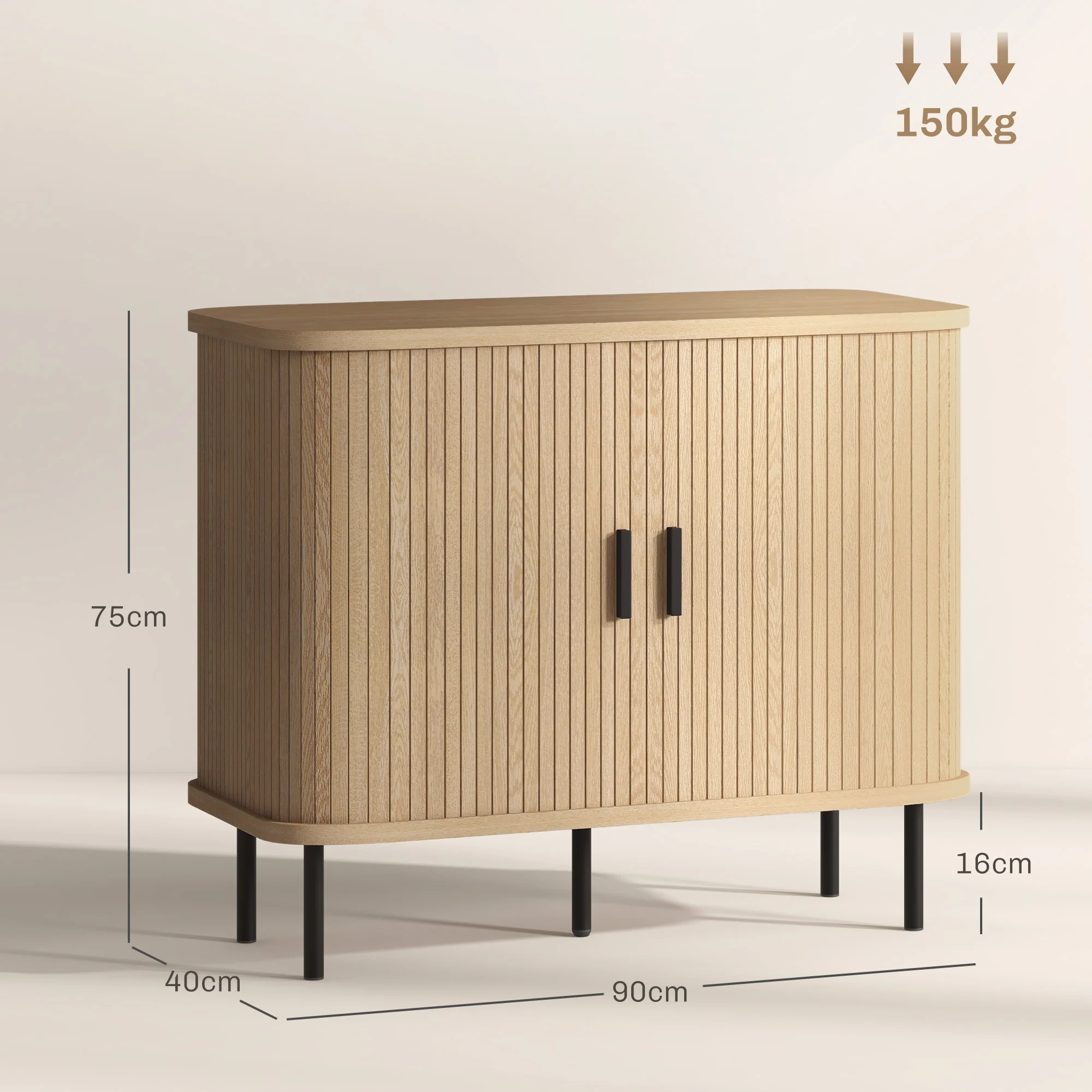 Buffet meuble de rangement avec portes coulissantes à lattes, armoire de cuisine avec pieds en acier, dim. 90L x 40l x 75H cm ton chêne - Image 4