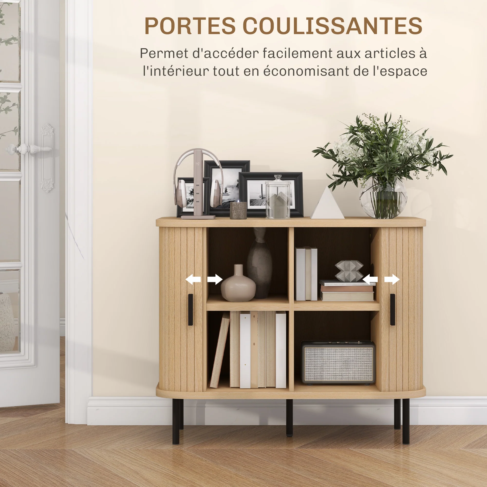 Buffet meuble de rangement avec portes coulissantes à lattes, armoire de cuisine avec pieds en acier, dim. 90L x 40l x 75H cm ton chêne - Image 6