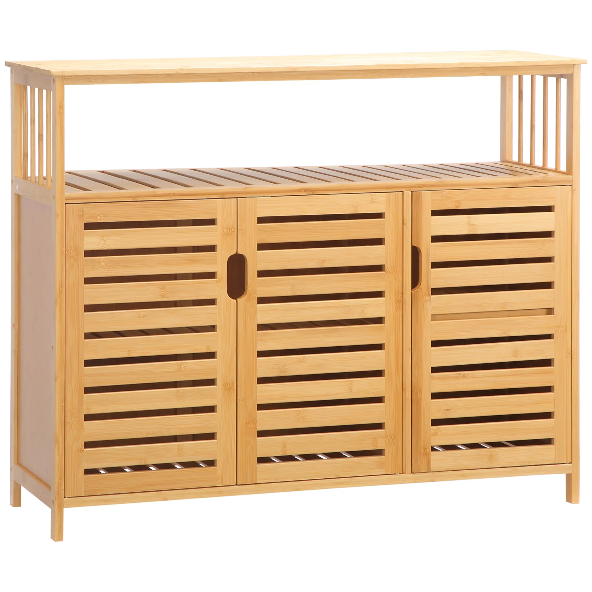 Buffet meuble de rangement en bois bambou avec 3 portes et étagères - 100 x 35 x 82 cm - Image 11
