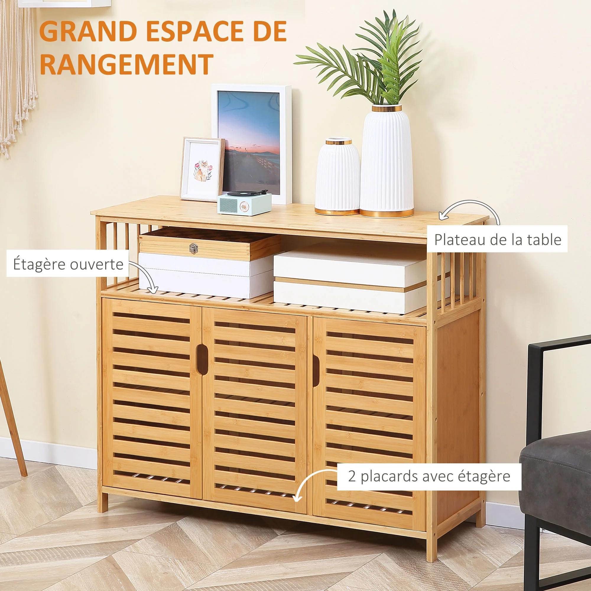 Buffet meuble de rangement en bois bambou avec 3 portes et étagères - 100 x 35 x 82 cm - Image 5