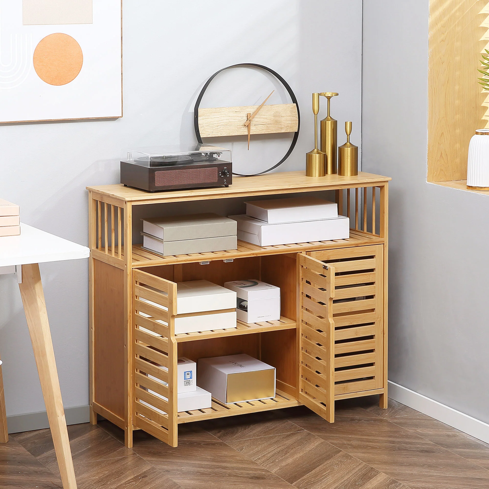Buffet meuble de rangement en bois bambou avec 3 portes et étagères - 100 x 35 x 82 cm - Image 8