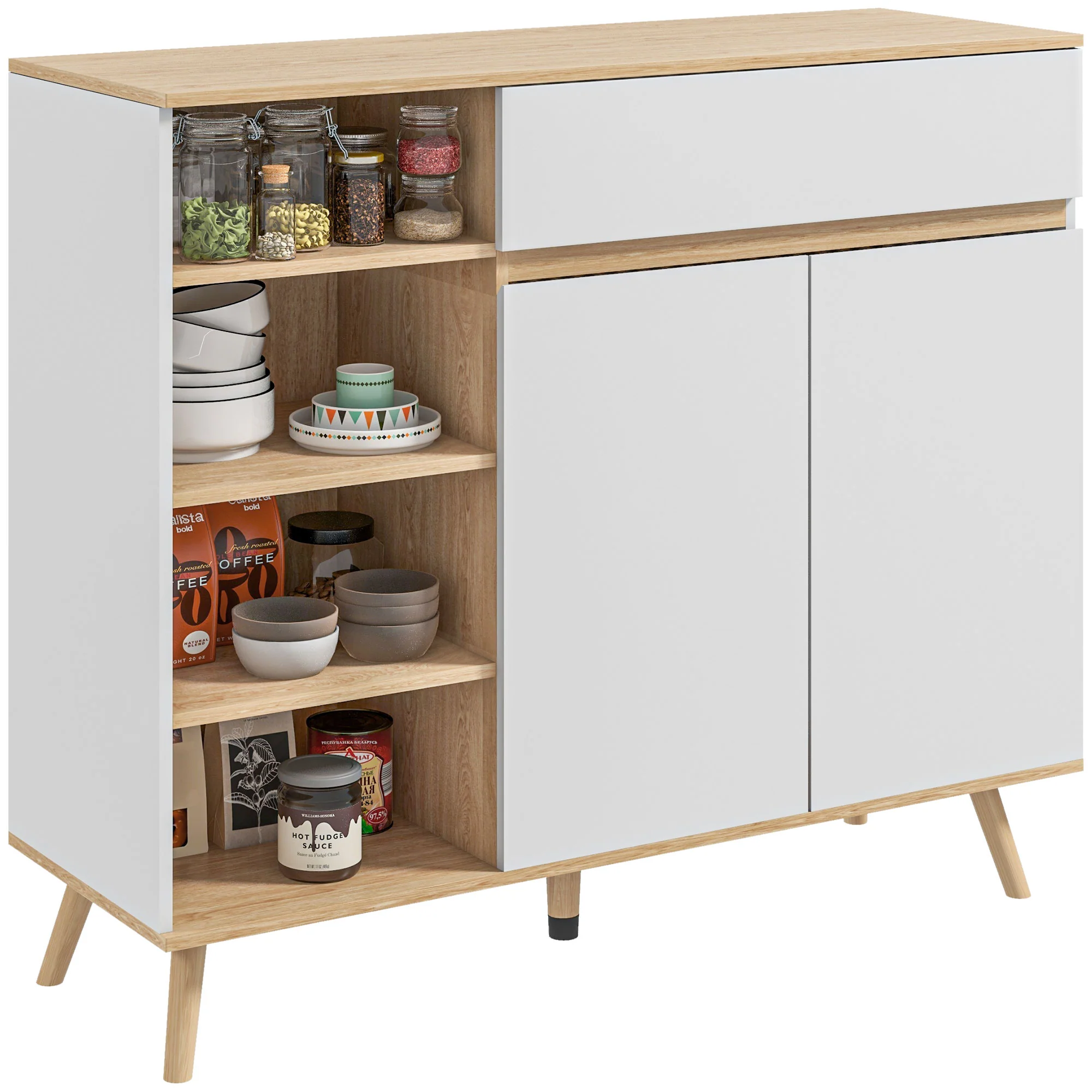 Buffet meuble de rangement étagères réglables style scandinave avec 1 placard double porte 1 tiroir et 4 niches 119 x 40 x 102 cm blanc - Image 11