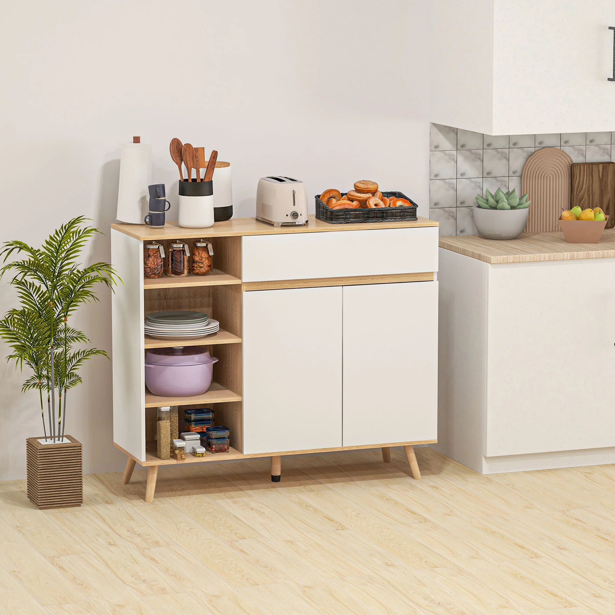 Buffet meuble de rangement étagères réglables style scandinave avec 1 placard double porte 1 tiroir et 4 niches 119 x 40 x 102 cm blanc - Image 3