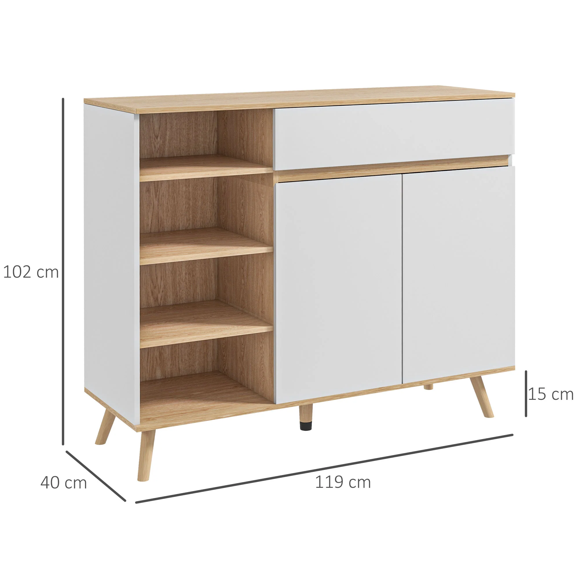Buffet meuble de rangement étagères réglables style scandinave avec 1 placard double porte 1 tiroir et 4 niches 119 x 40 x 102 cm blanc - Image 4
