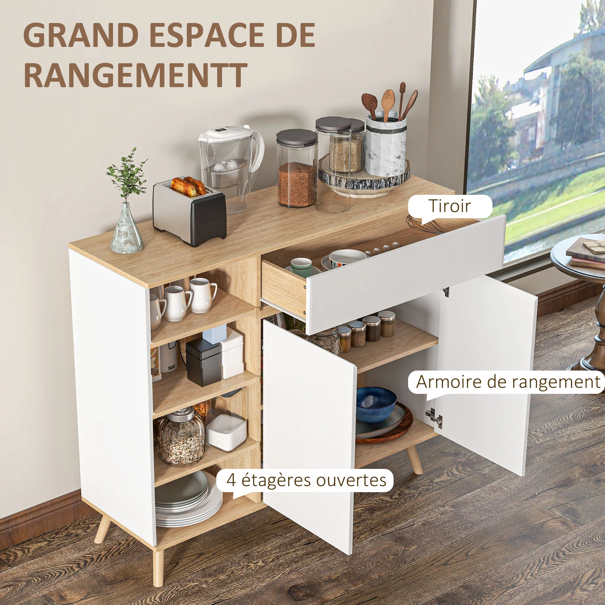 Buffet meuble de rangement étagères réglables style scandinave avec 1 placard double porte 1 tiroir et 4 niches 119 x 40 x 102 cm blanc - Image 5