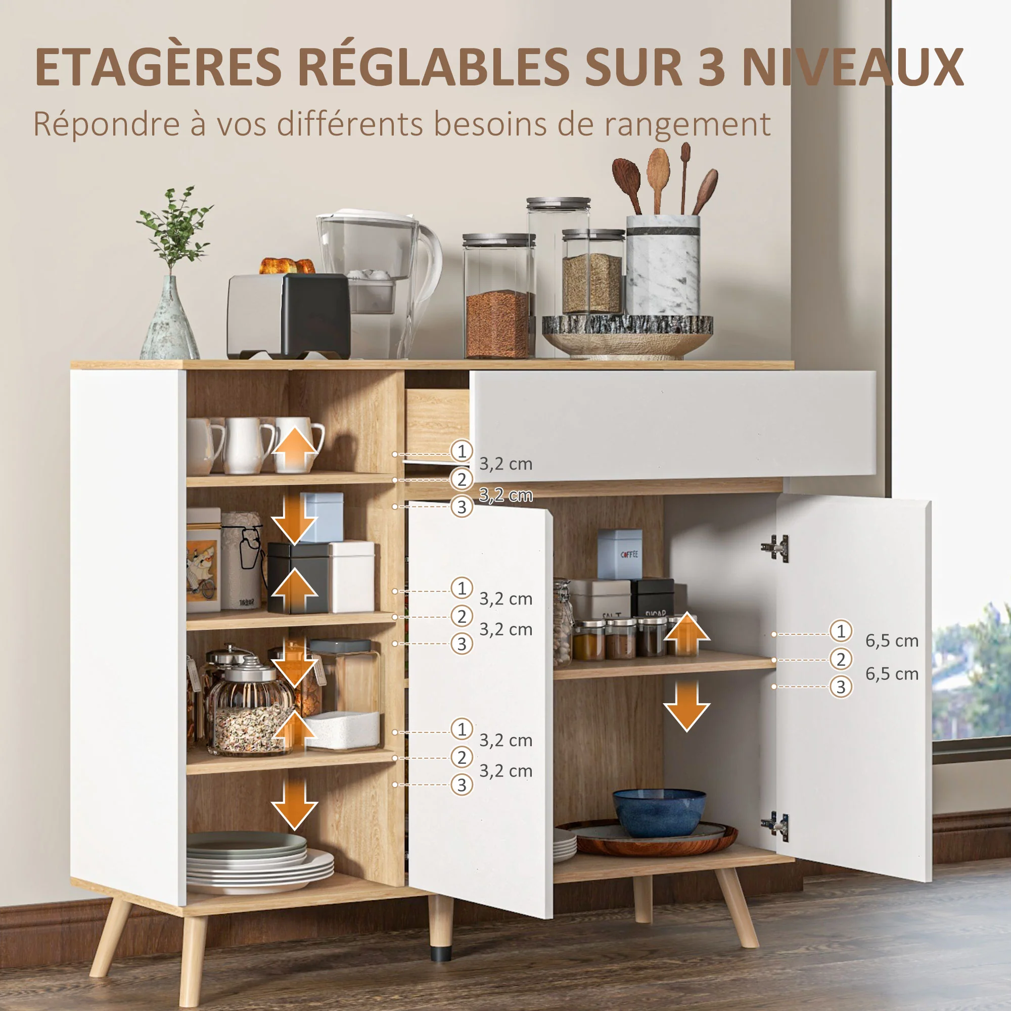Buffet meuble de rangement étagères réglables style scandinave avec 1 placard double porte 1 tiroir et 4 niches 119 x 40 x 102 cm blanc - Image 6