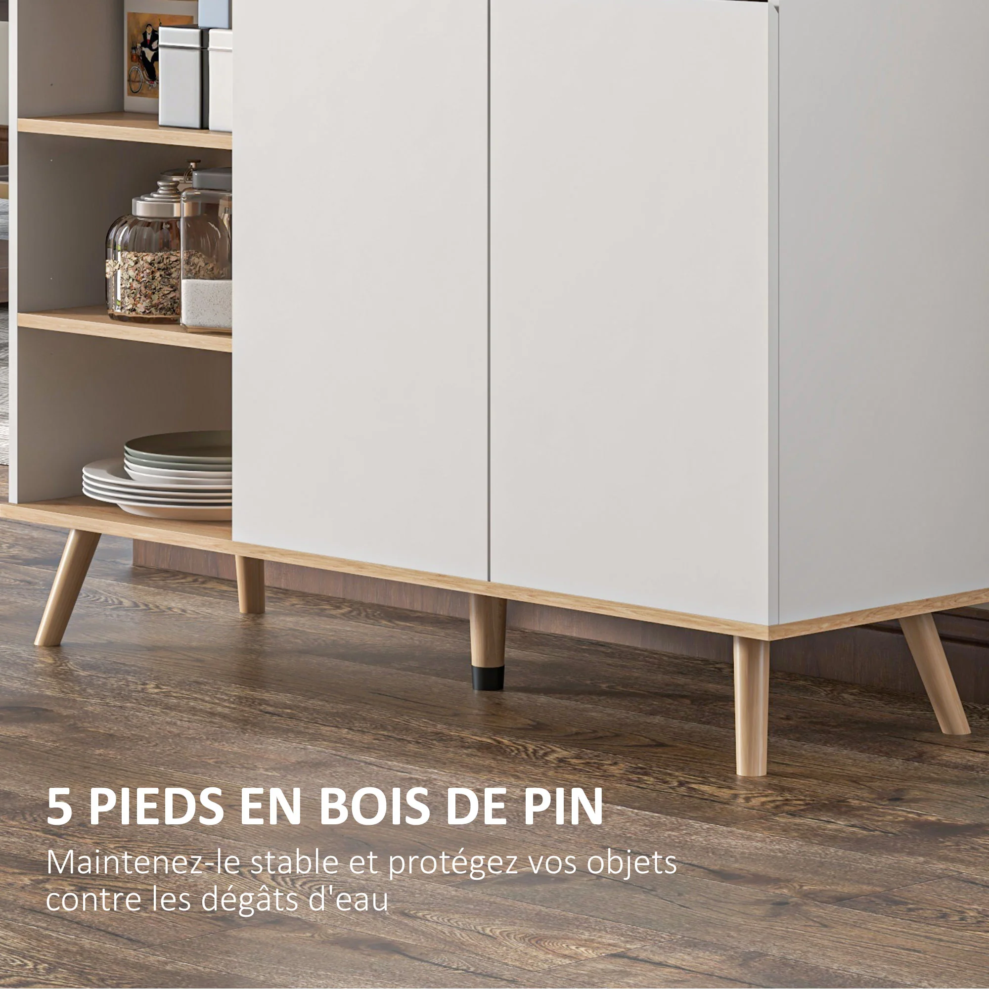 Buffet meuble de rangement étagères réglables style scandinave avec 1 placard double porte 1 tiroir et 4 niches 119 x 40 x 102 cm blanc - Image 7
