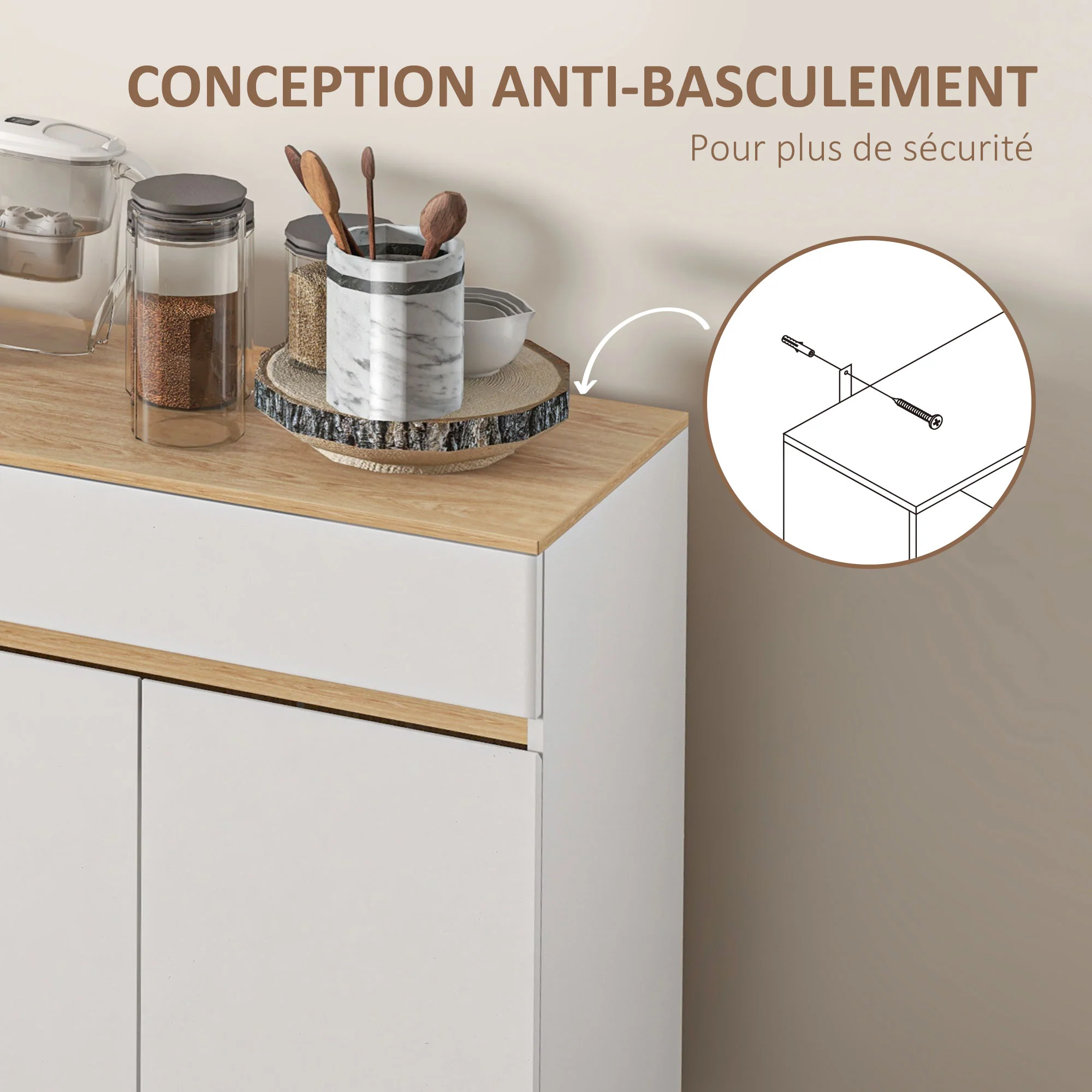 Buffet meuble de rangement étagères réglables style scandinave avec 1 placard double porte 1 tiroir et 4 niches 119 x 40 x 102 cm blanc - Image 8