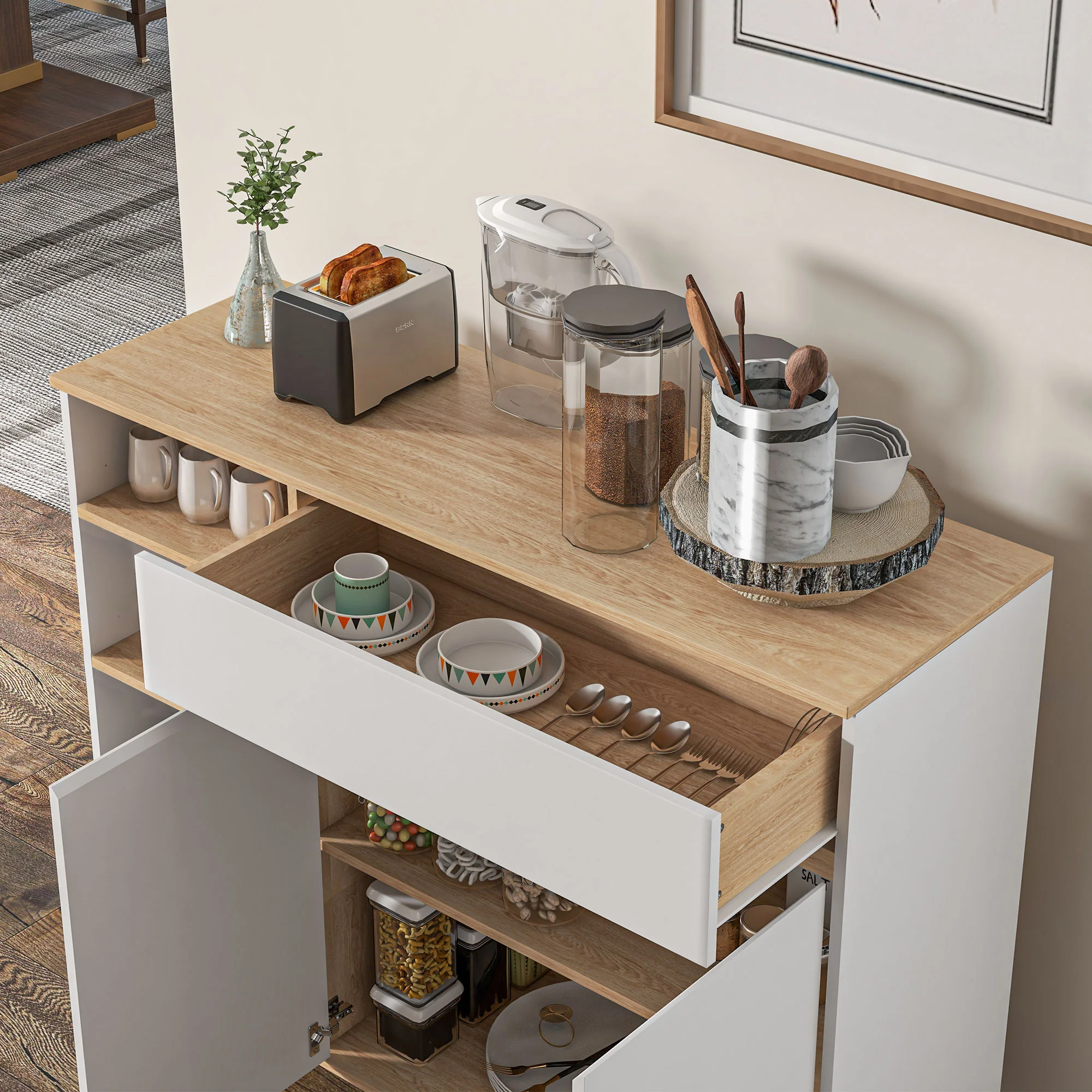 Buffet meuble de rangement étagères réglables style scandinave avec 1 placard double porte 1 tiroir et 4 niches 119 x 40 x 102 cm blanc - Image 9