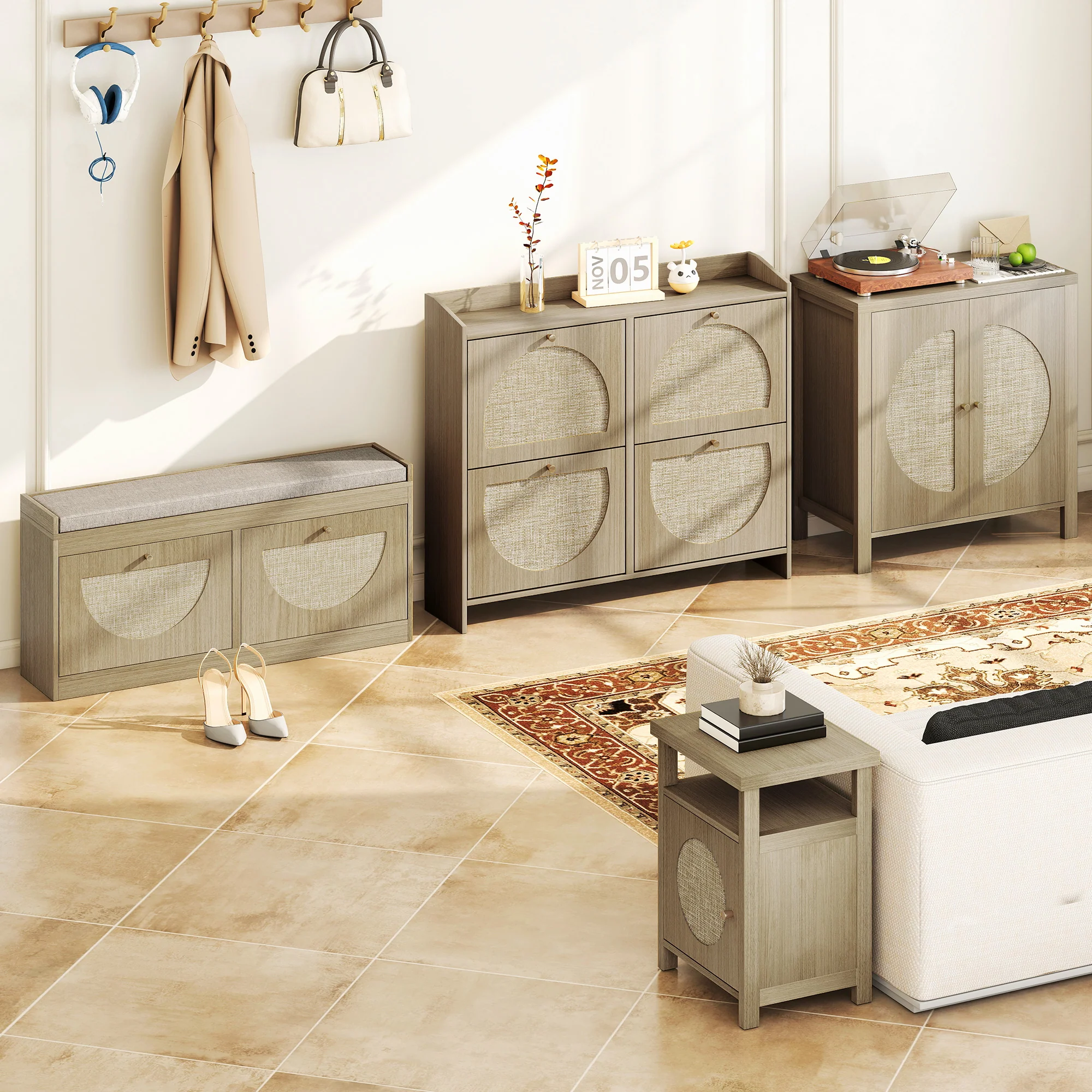 Buffet salon, meuble de rangement avec 2 portes effet rotin et étagère réglable, style bohème, pour salle à manger et cuisine, 75 x 38 x 77 cm, bois naturel - Image 10