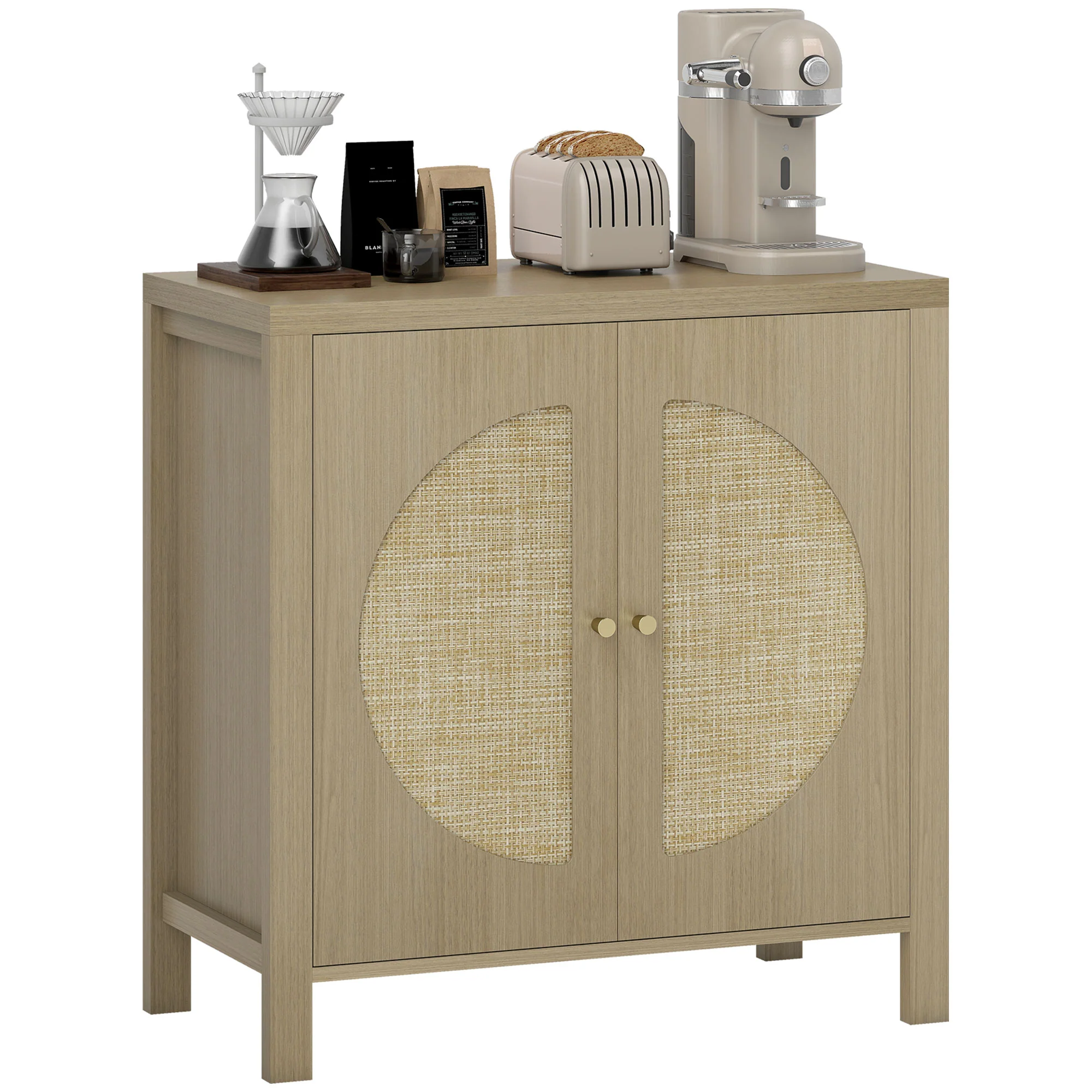 Buffet salon, meuble de rangement avec 2 portes effet rotin et étagère réglable, style bohème, pour salle à manger et cuisine, 75 x 38 x 77 cm, bois naturel - Image 11