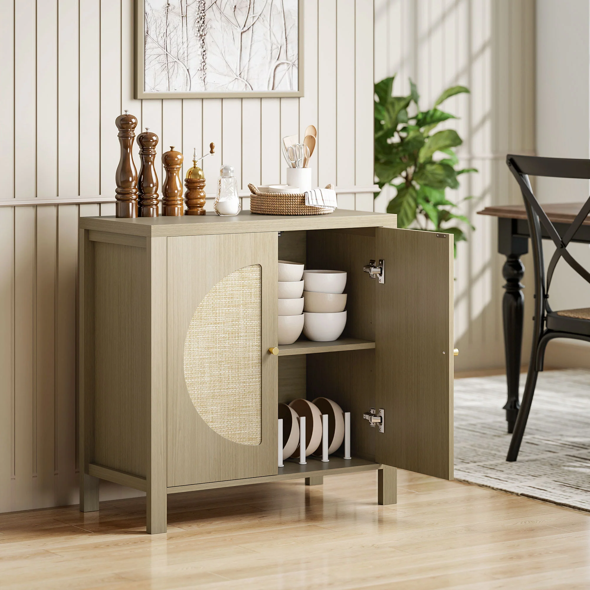Buffet salon, meuble de rangement avec 2 portes effet rotin et étagère réglable, style bohème, pour salle à manger et cuisine, 75 x 38 x 77 cm, bois naturel - Image 3