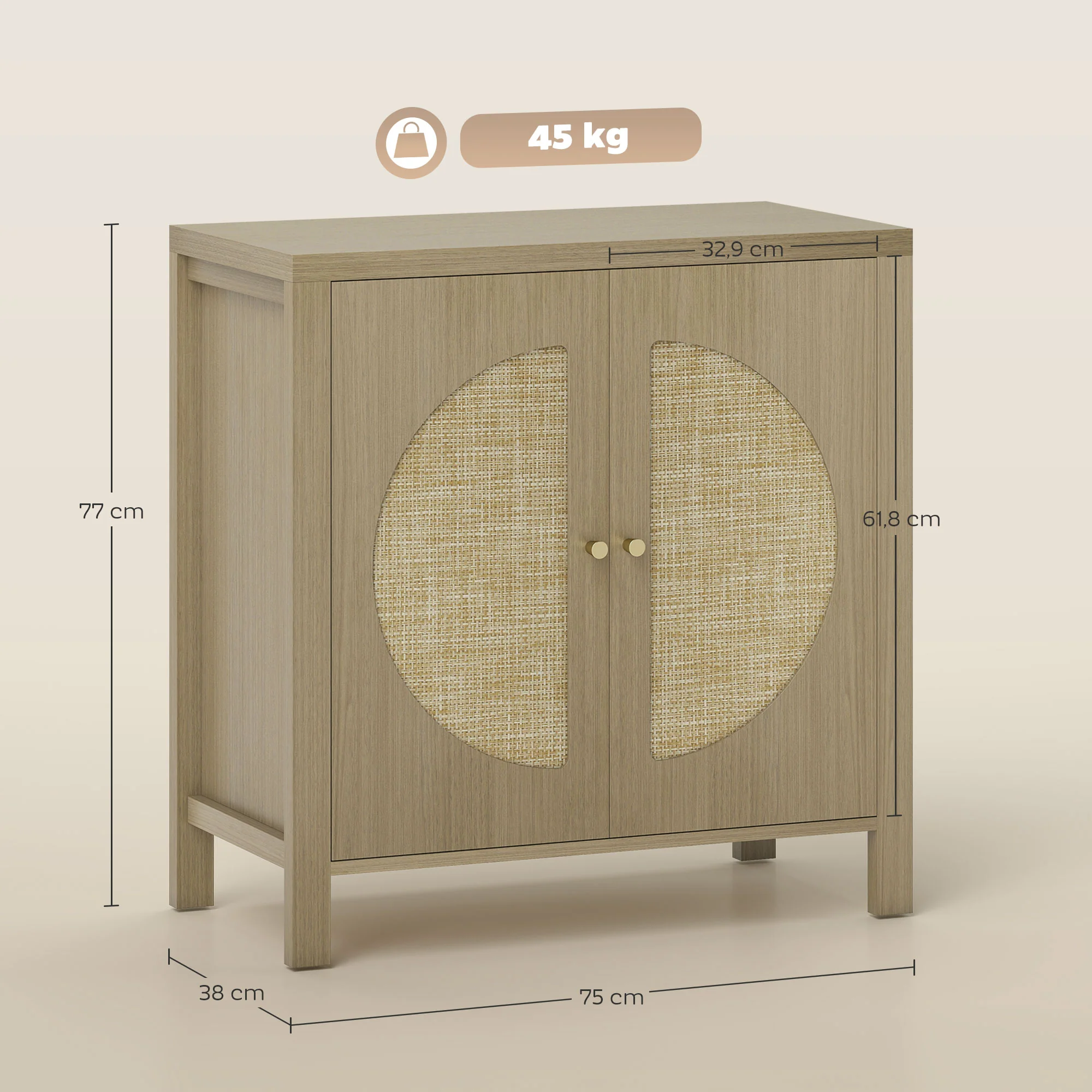 Buffet salon, meuble de rangement avec 2 portes effet rotin et étagère réglable, style bohème, pour salle à manger et cuisine, 75 x 38 x 77 cm, bois naturel - Image 4
